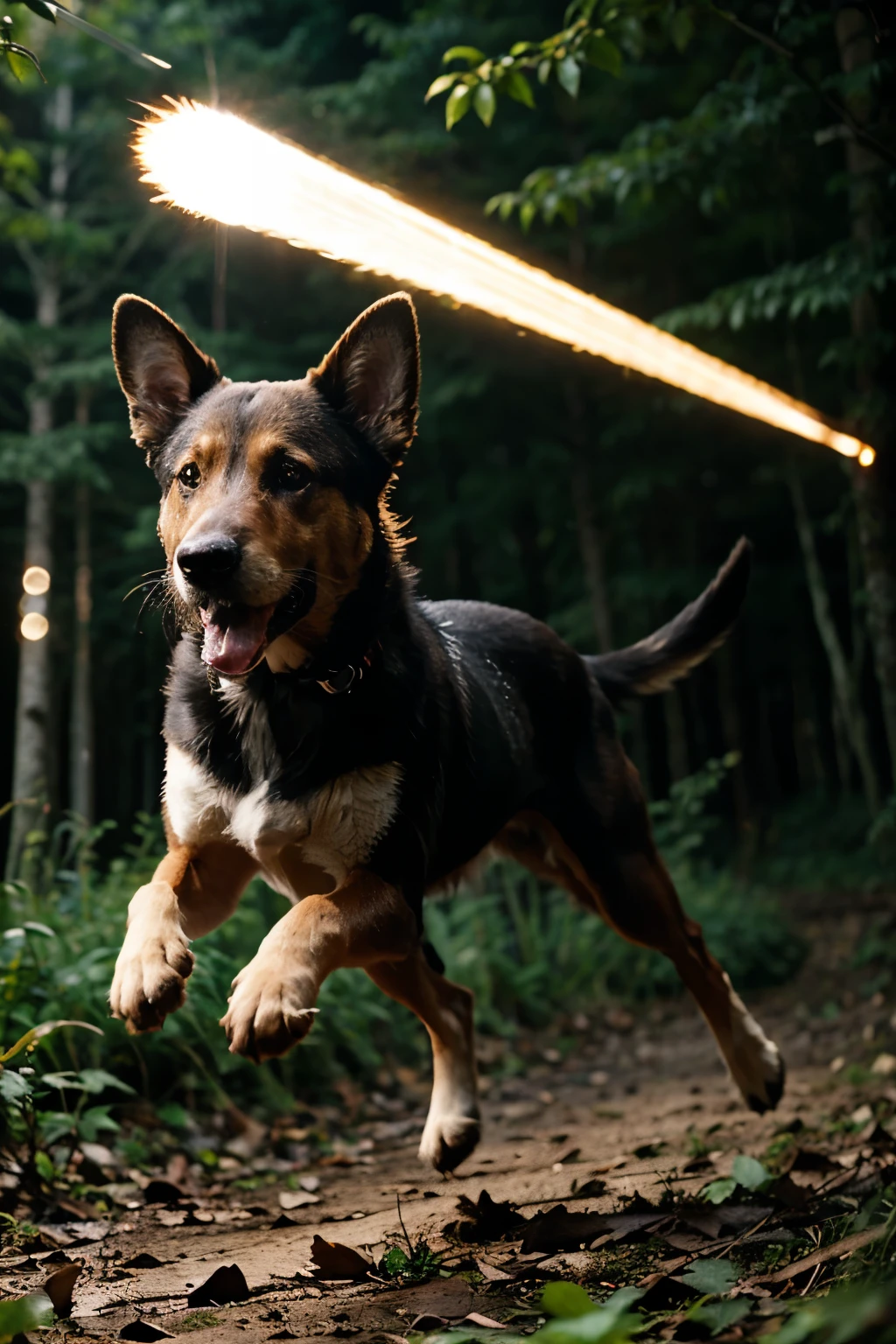 night foto, motion blur, bokeh, animal, in the forest, dog