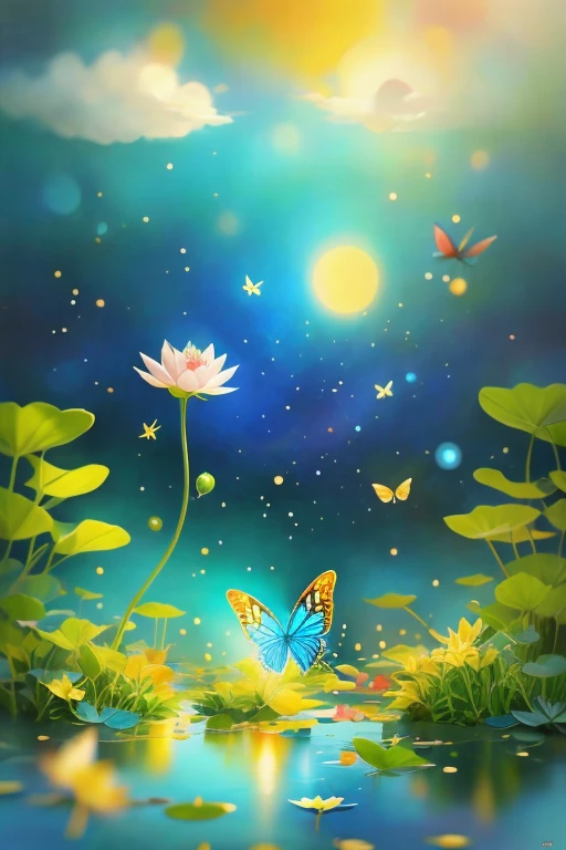 Dunhuang art style illustration,Many blue butterflies，The pattern is surrounded by auspicious clouds，Transparent Diamond Wings,Gorgeous ,（Blue butterfly shining with stars：1.36） Flying over the lotus pond ,Extremely delicate brushstrokes, Soft and smooth, Chinese red and indigo, Golden background