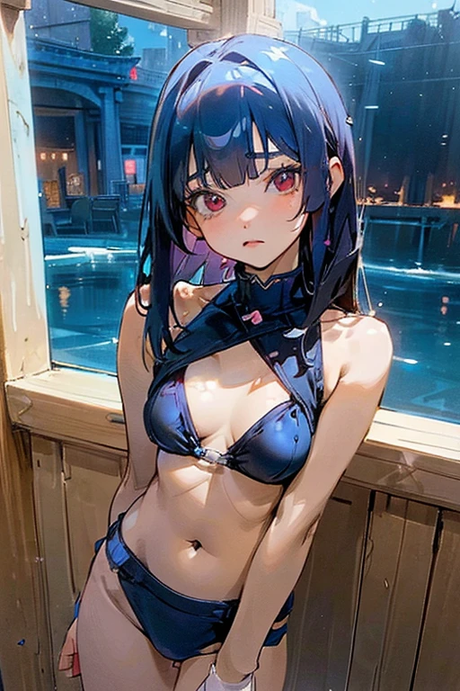 (Soft saturation:1.3)、(Light skin:1.2)、(非常にDetailed Background、Detailed Background)、The composition is symmetrical、Staring straight at me with serious eyes、break,(Blue swimsuit)、(Blue Bikini)、Medium breast、Strong light、(ager:1.3)、(Cowboy Shot:1.2)、Frontal break angle、Dynamic Pose、、Illuminated by the setting sun、Typical Mediterranean house interior、In her late teenth red eyes and black bob hair、Bust 84cm、Waist 57cm、Beautiful girl with 83cm hips