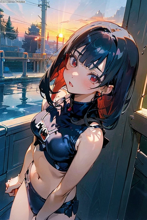 (Soft saturation:1.3)、(Light skin:1.2)、(非常にDetailed Background、Detailed Background)、The composition is symmetrical、Staring straight at me with serious eyes、break,(Blue swimsuit)、(Blue Bikini)、Medium breast、Strong light、(ager:1.3)、(Cowboy Shot:1.2)、Frontal break angle、Dynamic Pose、、Illuminated by the setting sun、Typical Mediterranean house interior、In her late teenth red eyes and black bob hair、Bust 84cm、Waist 57cm、Beautiful girl with 83cm hips