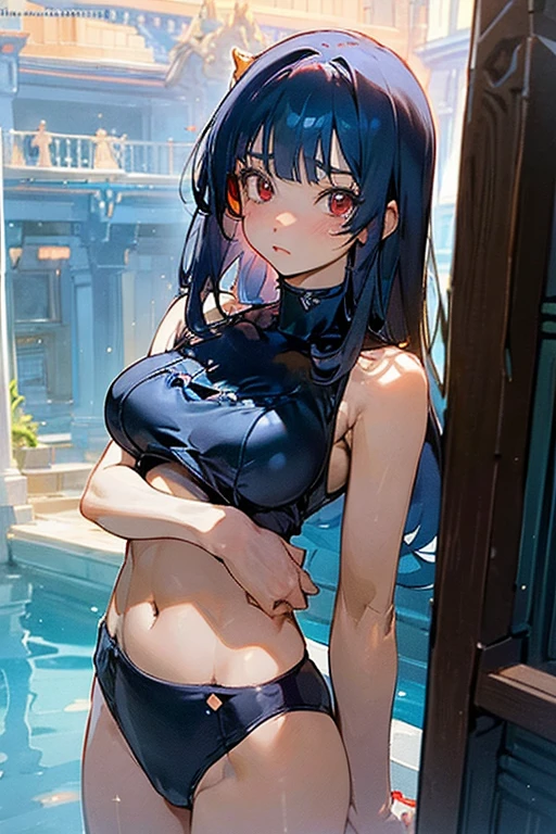 (Soft saturation:1.3)、(Light skin:1.2)、(非常にDetailed Background、Detailed Background)、The composition is symmetrical、Staring straight at me with serious eyes、break,(Blue swimsuit)、(Blue Bikini)、Medium breast、Strong light、(teenager:1.3)、(Cowboy Shot:1.2)、Frontal break angle、Dynamic Pose、、Illuminated by the setting sun、Typical Mediterranean house interior、In her late teens with red eyes and black bob hair、Bust 84cm、Waist 57cm、Beautiful girl with 83cm hips