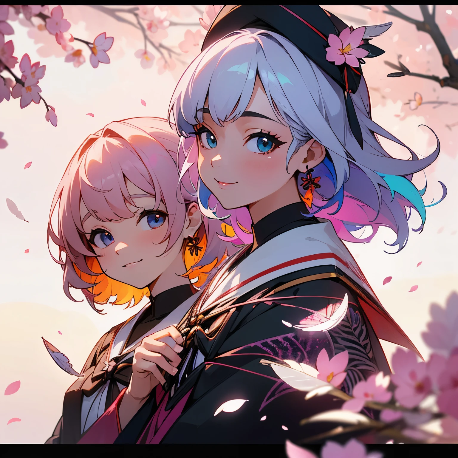 academic gown, academic robe, mortarboard, square cap, university campus, buildings, cherry blossoms, smiling, 2girls, detailed uniform, look at viewer, (SIGMA 85mm f1.4), depth of field, bokeh,  detailed photorealistic background, diffused natural sunlight, diffused natural skin glow, face focus, extremely detailed, (abstract background, zentangle, fractal art:1.3), (many colors, colorful:1.1), (feathers, petals, flowers:1.3), earrings 