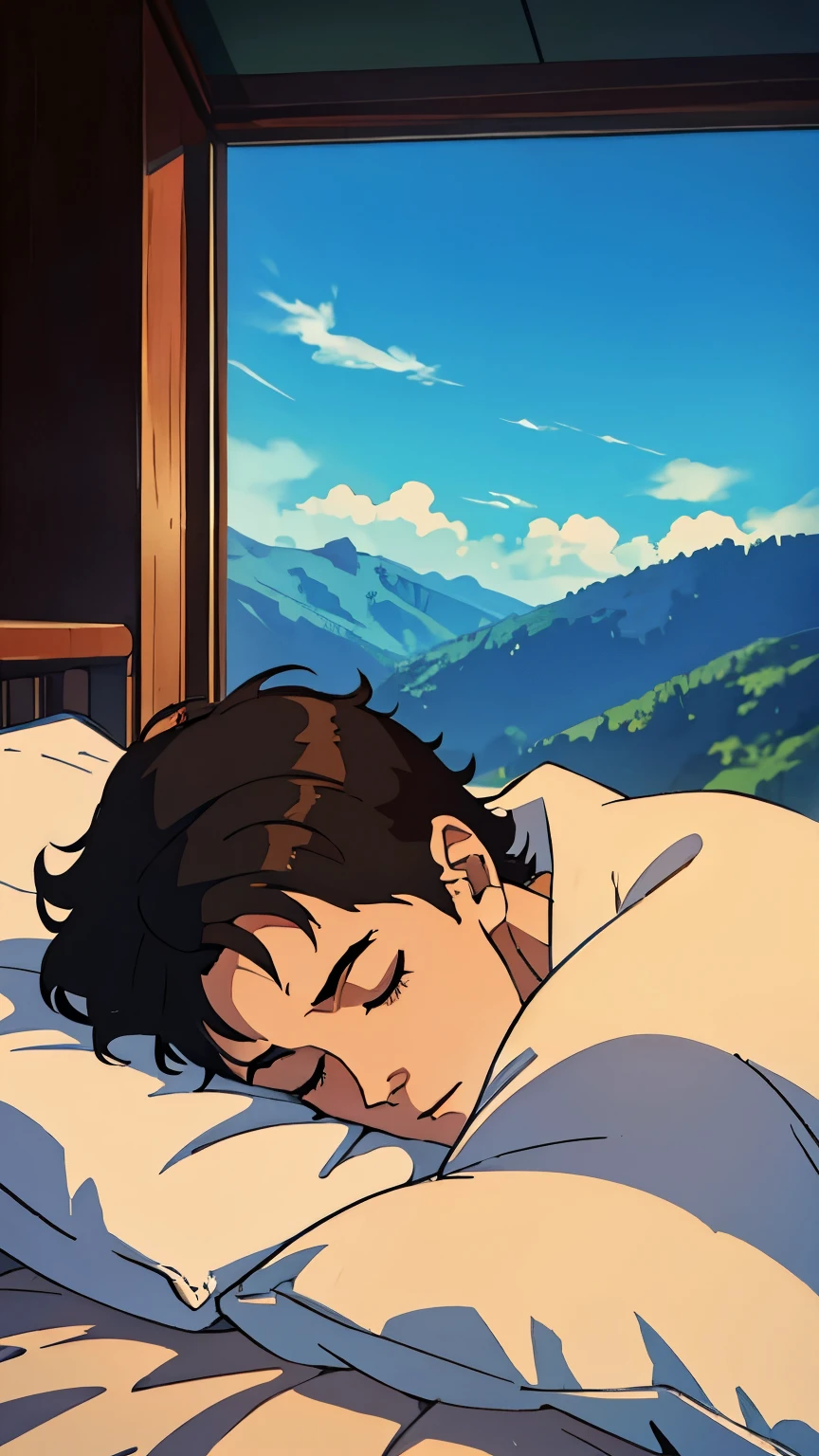 Top and distant view. Young man sleeping in bed in the morning. Pillow on head.
