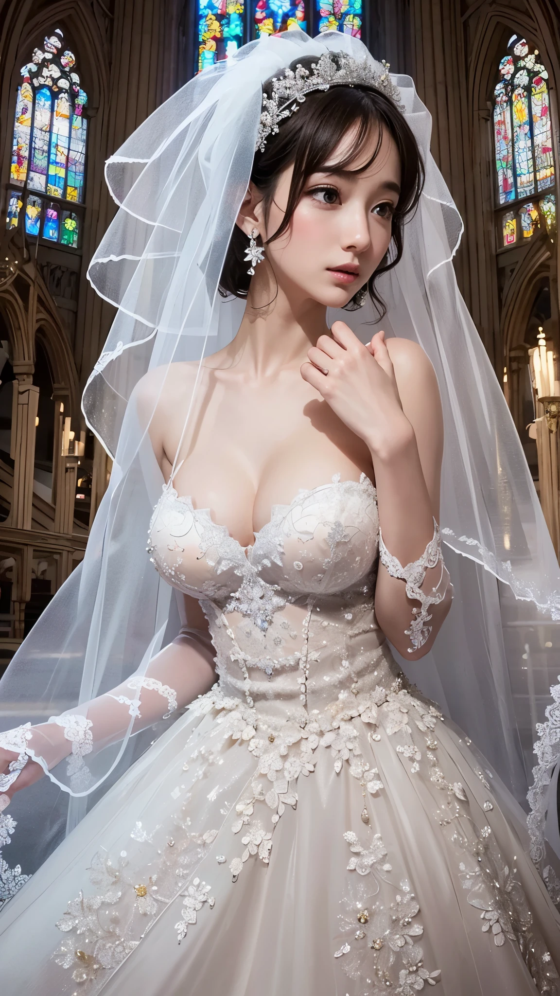 ((RAW images)),(Tabletop),(Highest quality, Realistic, In detail, High resolution, 8k wallpaper),(Super Detail),((Very delicate and beautiful)),Focus on the characters,Dynamic Angle,View your viewers,((alone)),Are standing,((whole body)),((A princess wearing a gorgeous ball gown wedding dress with a voluminous skirt)),((June Bride)),Detailed face and eyes,Jewel-like eyes,((Very long and voluminous hair)),Gorgeous embroidery and lace,((Gorgeous corsage)),See through,(Gorgeous Jewelry Ornaments),Luxury hair accessories,Gorgeous jeweled tiara,Gorgeous frills,((Big Tits)),indoor,Church wedding,((whole body)),Hoop skirt,crinoline,very long wedding veil,(((A mix of bejeweled wedding dresses and lavishly embroidered Rococo ball gowns))), (((Very large breasts bigger than a face)))