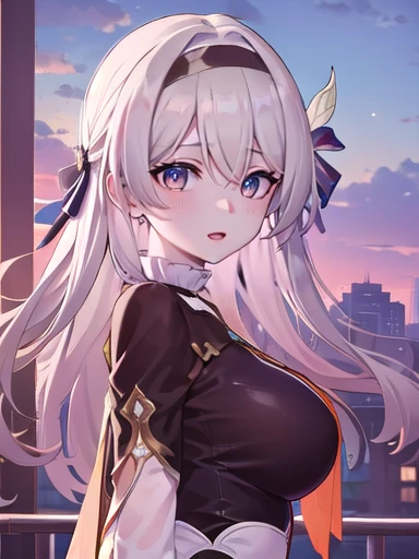 (masterpiece:1.3),((High resolution)),((high quality)),((Super detailed))、One girl、Perfect balance、((Upper Body))、Perfect Face、Detailed face、Cute face、beautiful詳細な目、Expressive eyes、Cute eyes、Shiny eyes、Perfect body、beautiful体、honkai firefly, fire Fly, (Purple eyes:1.3), Grey Hair, 蝶のhair ornaments, hair ornaments, Hair intake, Long Hair, (Bright Eyes:1.5), shoes下, 青色のdress, 青色のshoes下,((Large Breasts)) ((Orange ribbon:1.5))、dress, shoes, shoes下, ツートーンdress, ツートーンshoes下, ホワイトdress, Long sleeve, hair band, (head shot)、Embarrassing、blush、beautiful女の子、Cute face、beautiful顔、Cute face、beautiful、Best Quality、Good anatomy、smile、((Super detailedな背景)), Outdoor, Day, blue sky, Sky Light,Mistress Pose, ((8K Wallpaper)) , Watching the audience, Moody lighting, In-person audience