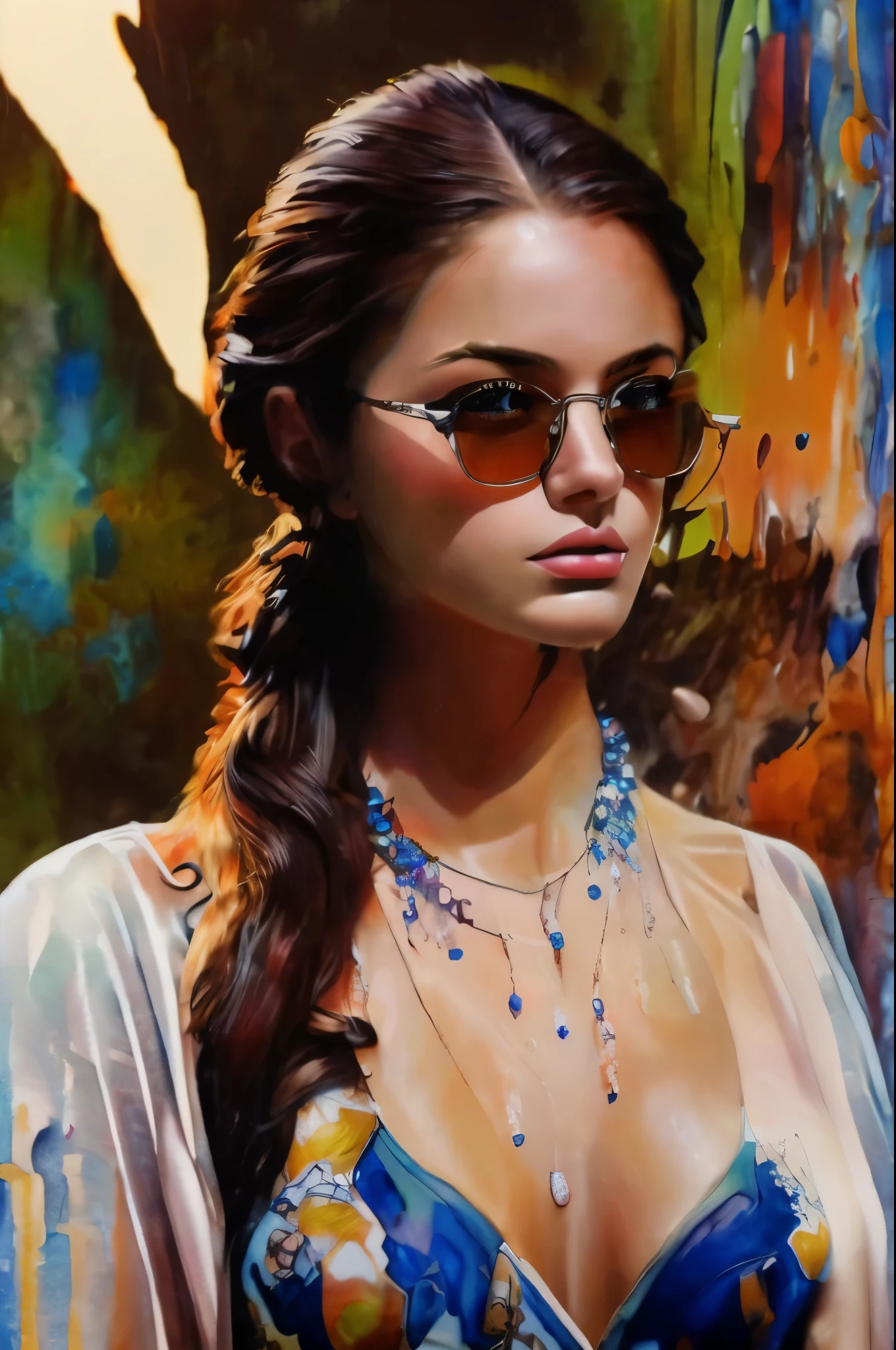 masterpiece, best quality, extremely detailed, hyperrealistic, photorealistic, watercolor painting, graffiti art, abstraction, a beautiful 20s russian model, abstracted, oil painting, thick oil, on a colorful background, pop art painting, dripping paint