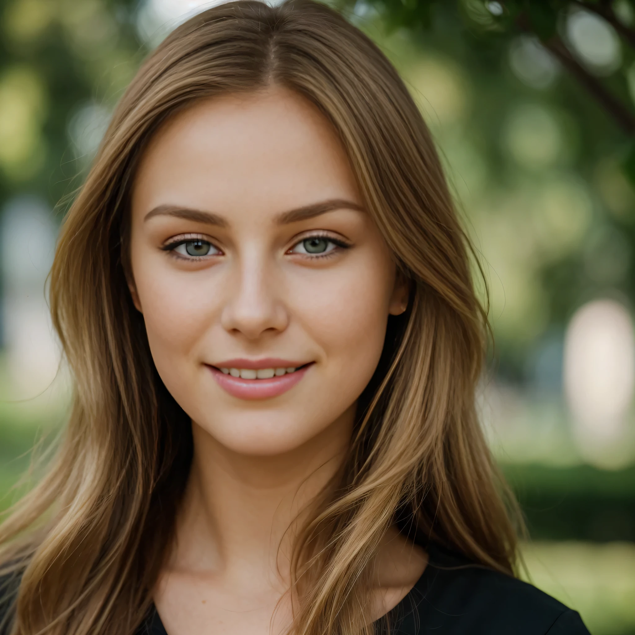 A face of an attractive blonde girl 20 y.o., front shot, full face profile, spotless skin, immensely beautiful, divine beauty, Oval Face, Fair Skin, long brown Hair, hazel Eyes, beautiful and detailed eyes, Beautiful Nose, Thick Lips, Round Chin, Instagram model, cheerful smile, Masterpiece, 8k, uhd, hyperrealistic, award winning, RAW photo, ultra high quality, 35mm photograph, film grain, professional, highly detailed