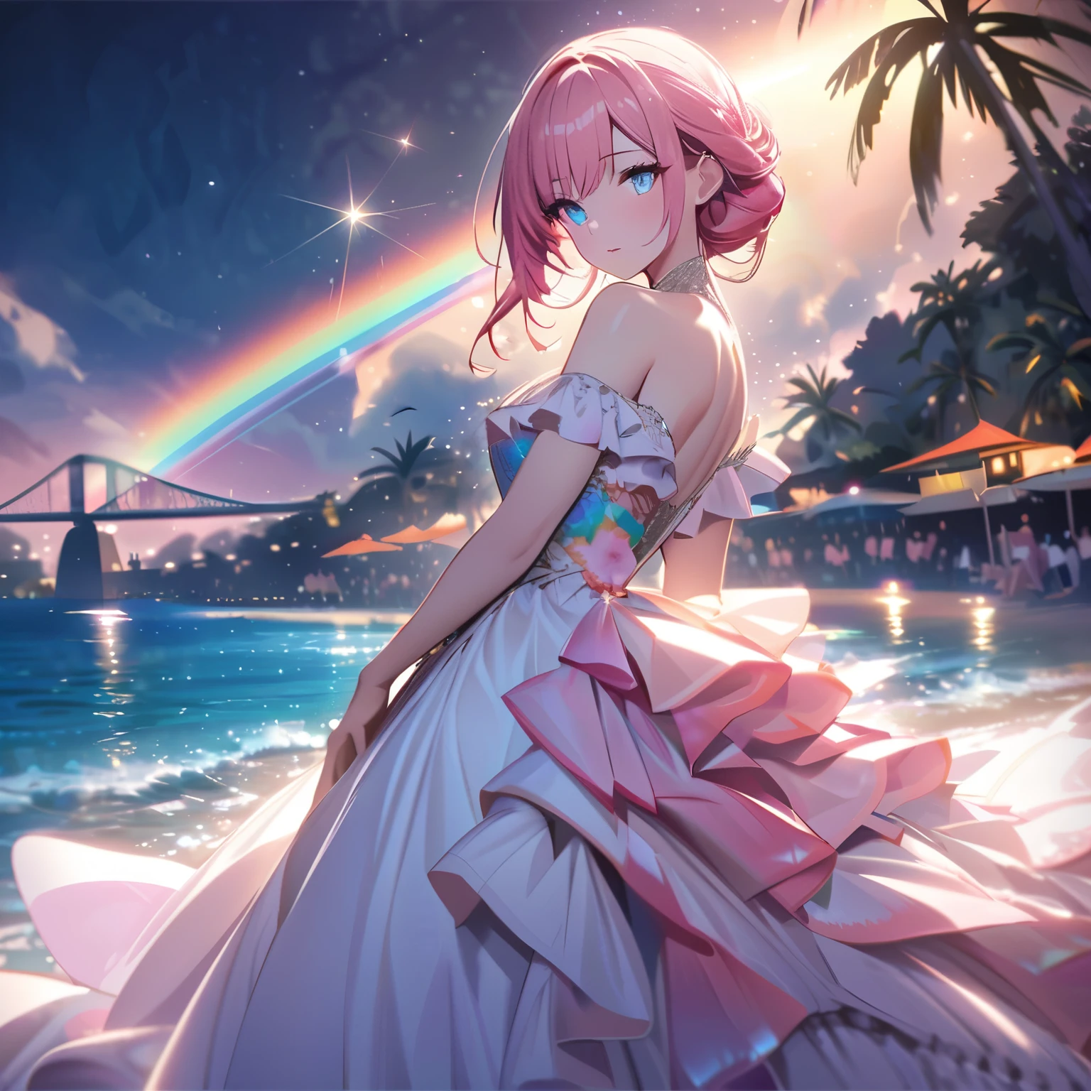 ``A beautiful woman with long pink hair and beautiful eyes wearing an elegant and detailed hawaiian dress.The dress must have intricate designs and patterns to give it a luxurious and luxurious feel.In the background , the image should depict a romantic Hawaiian beach at night with light reflecting off the water and an illuminated bridge across the scene, emphasizing the sparkling effects and rainbows throughout the image. Enhance your look and add special ruffles to your dress to make it stand out.”