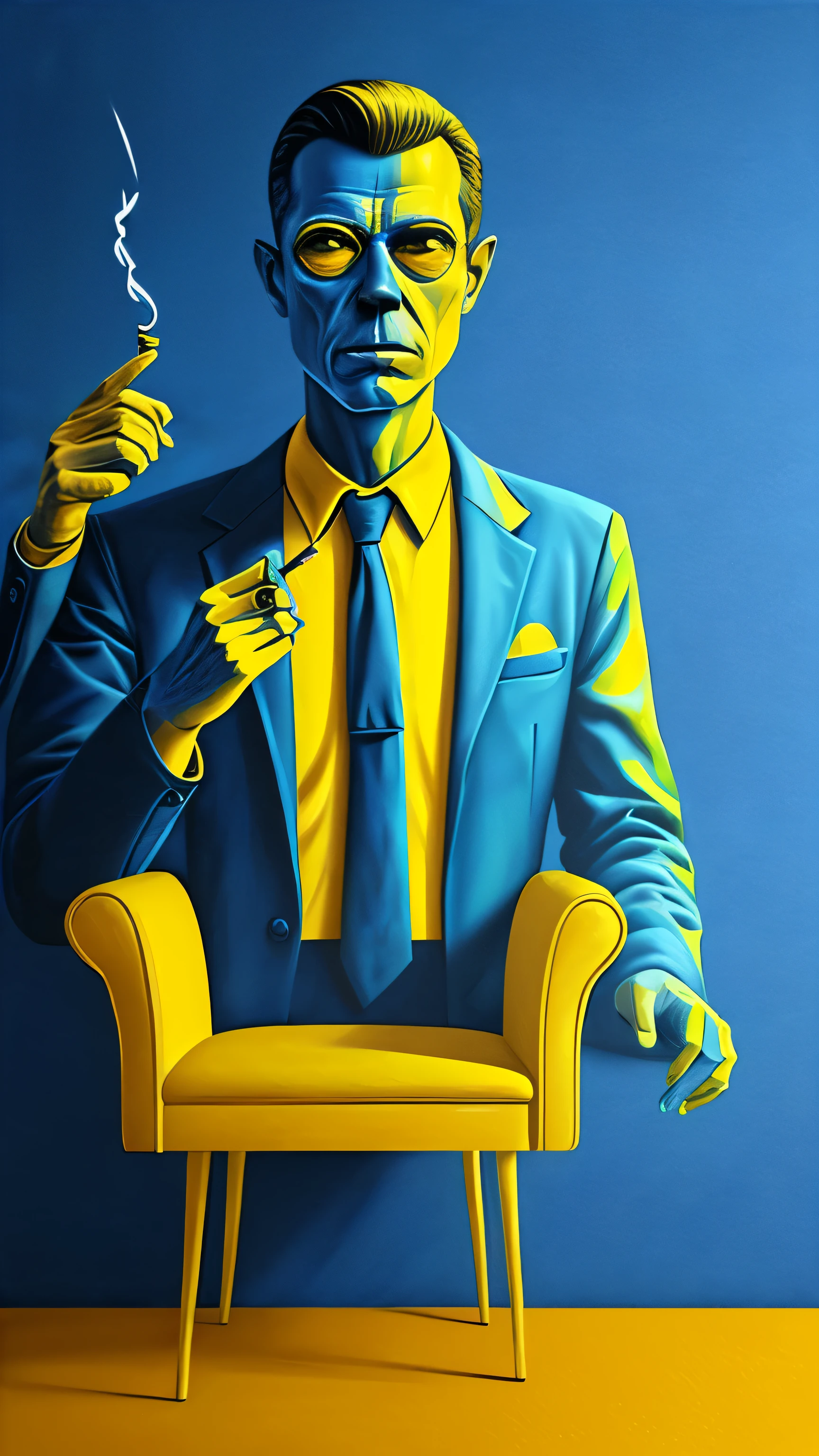 wall in cobalt, chair in yellow, smoking man, 3d oil painting, smooth detail