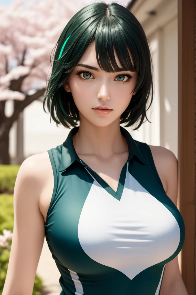 masterpiece, best quality, 1girl, detailed face features, beautiful face, fubuki, green hair, jewelery, mature female, perfect female body, large breasts, standing, outdoor, garden, cherry blossoms, looking at viewer, expressionless, wearing sleeveless volleyball uniform
