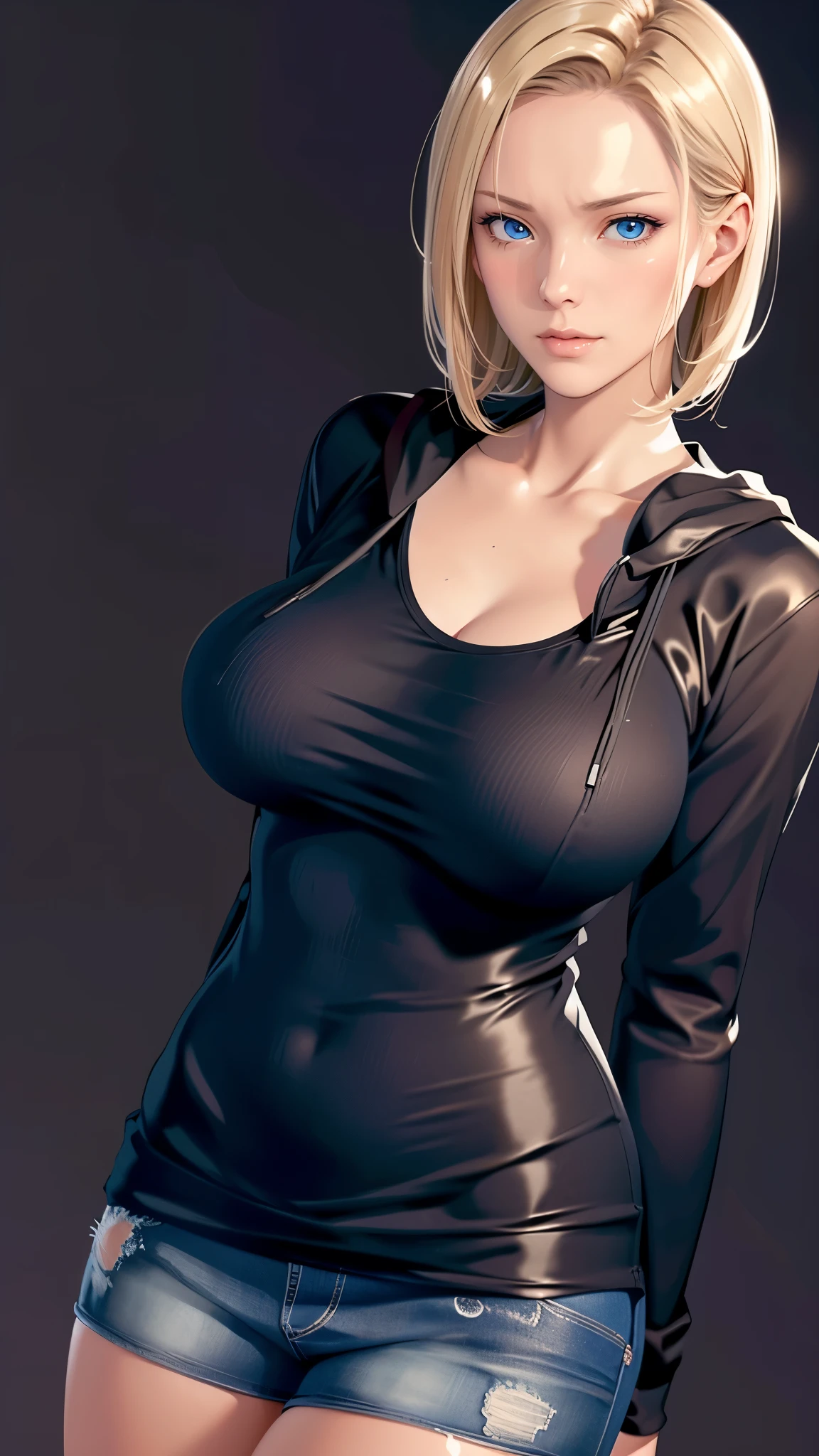 （（（完美figure，figure，solo， （（（naked hoodie））），（（（and18, android 18, blonde hair, blue eyes,  short hair, ））），((masterpiece)),high resolution, ((Best quality at best))，masterpiece，quality，Best quality，（（（ Exquisite facial features，Looking at the audience,There is light in the eyes，(（（angry，serious））)，））），型figure:1.7））），（（（Light and shadow，Huge breasts））），（（（Looking at the camera，black background，）））