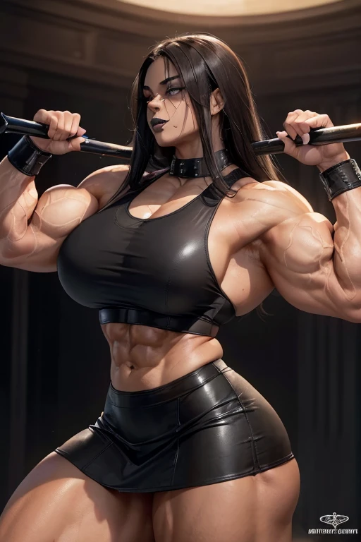 ((((Massive, beautiful, buff, light brown skinned, muscular woman with black hair, black lipstick, glowing gray eyes, ginormous bulky muscles, and wearing a black leather sports bra with loose skirt)))), close view, (massive muscles), massive biceps, hyper muscle triceps, (straight long hair), orange eyes, (studded wristband), (loose skirt), high heels boots, in a gothic nightclub, night, smirk, hyper muscles arms, hyper muscle legs, massive arms.