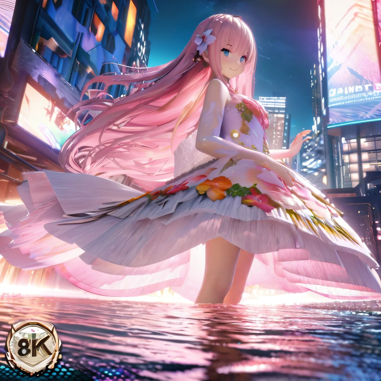 Masterpiece, Best Quality, High Definition, High Resolution, Expensive Resolution, High Definition, 4K, 8k, Unity 8k Wallpaper, High Definition CG, Masterpiece, Real, 2D, 3D, Beautiful Details, Depth, Fine Texture, Super Quality: 1.3 , create an anime-style illustration of a character wearing an elaborate Hawaiian dress decorated with flowers and jewels, with perfect concentration and a bright night beach background. Draw a close-up of the upper body. {{The dress should have multiple layers and a special treatment of ruffles, with gemstones of different colors embedded throughout. }} , The character's pink hair should be long and flowing to complement the intricate design of the dress. The cityscape at night should also be vivid. The streets are lit up in different colors and buzz with lights indicating an active nightlife. Includes light reflections from buildings in the bodies of water in between.With a smile