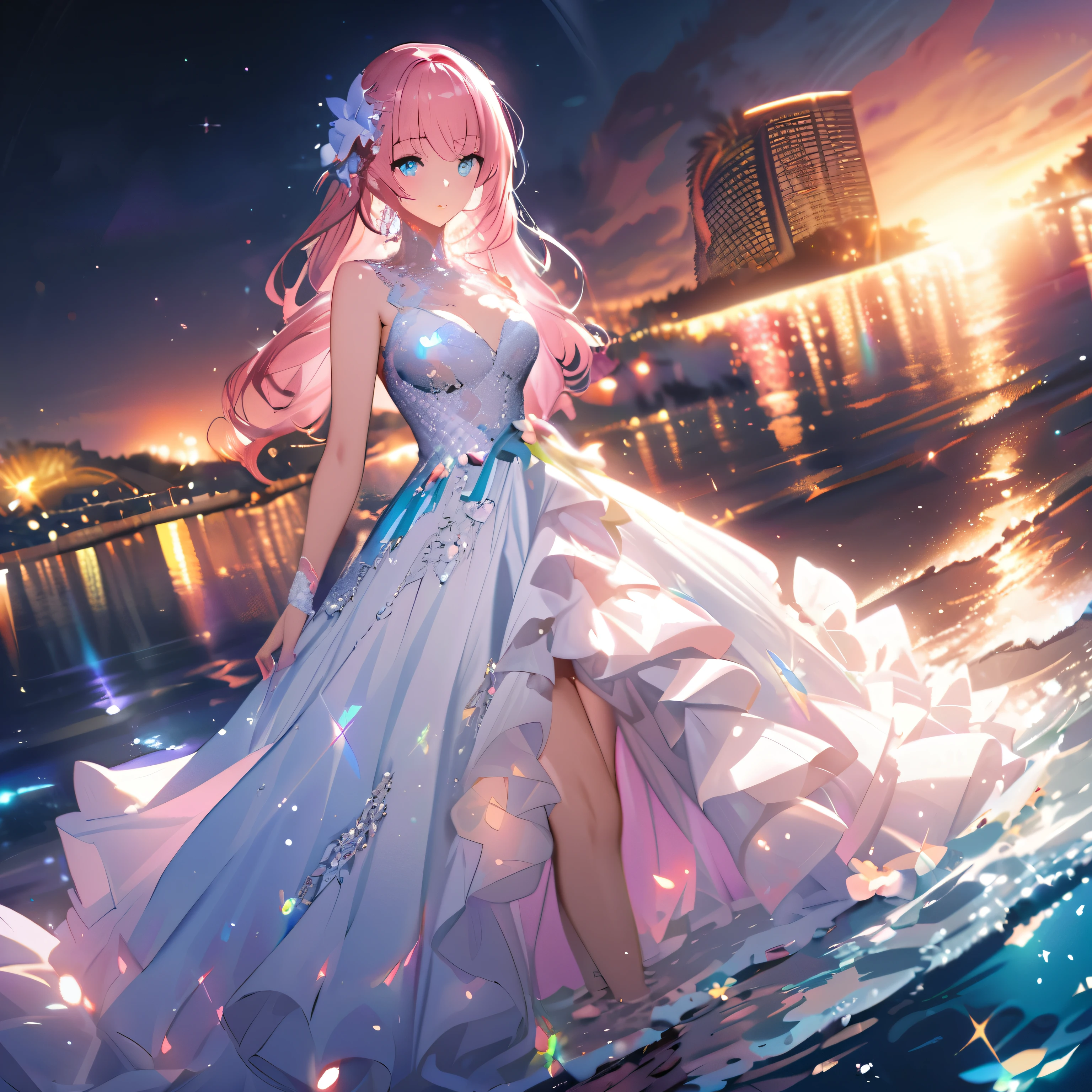 ``A beautiful woman with long pink hair and beautiful eyes wearing an elegant and detailed hawaiian dress.The dress must have intricate designs and patterns to give it a luxurious and luxurious feel.In the background , the image should depict a romantic Hawaiian beach at night with light reflecting off the water and an illuminated bridge across the scene, emphasizing the sparkling effects and rainbows throughout the image. Enhance your look and add special ruffles to your dress to make it stand out.”