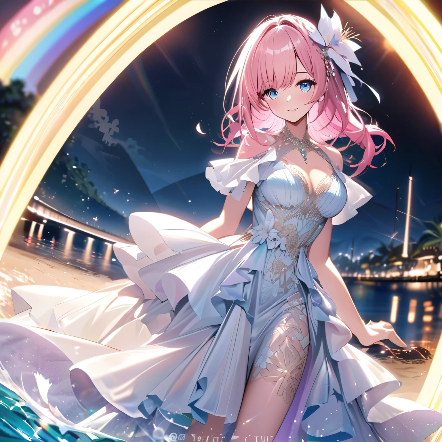 ``A beautiful woman with long pink hair and beautiful eyes wearing an elegant and detailed hawaiian dress.The dress must have intricate designs and patterns to give it a luxurious and luxurious feel.In the background , the image should depict a romantic Hawaiian beach at night with light reflecting off the water and an illuminated bridge across the scene, emphasizing the sparkling effects and rainbows throughout the image. Enhance your look and add special ruffles to your dress to make it stand out.”