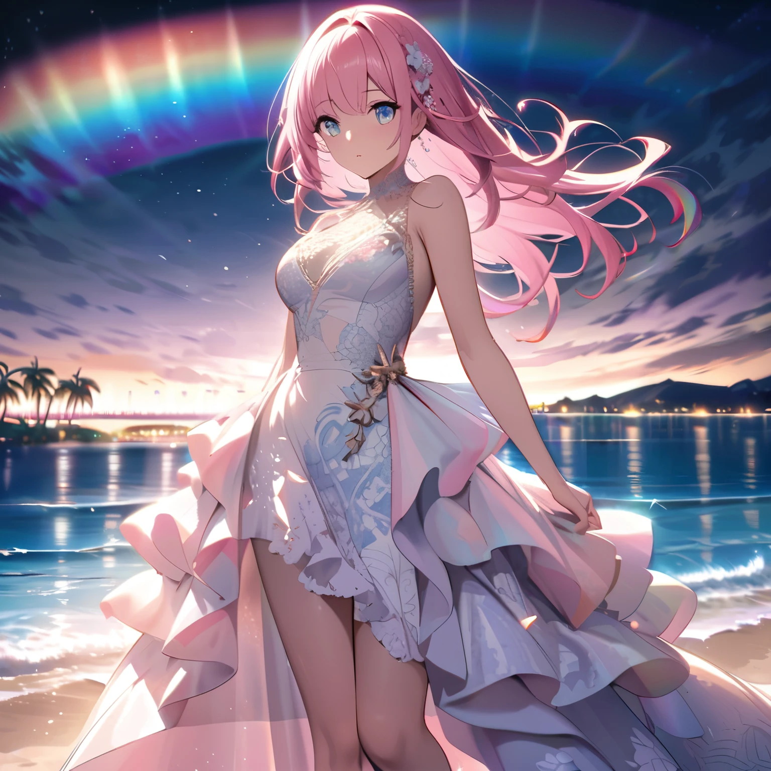 ``A beautiful woman with long pink hair and beautiful eyes wearing an elegant and detailed hawaiian dress.The dress must have intricate designs and patterns to give it a luxurious and luxurious feel.In the background , the image should depict a romantic Hawaiian beach at night with light reflecting off the water and an illuminated bridge across the scene, emphasizing the sparkling effects and rainbows throughout the image. Enhance your look and add special ruffles to your dress to make it stand out.”