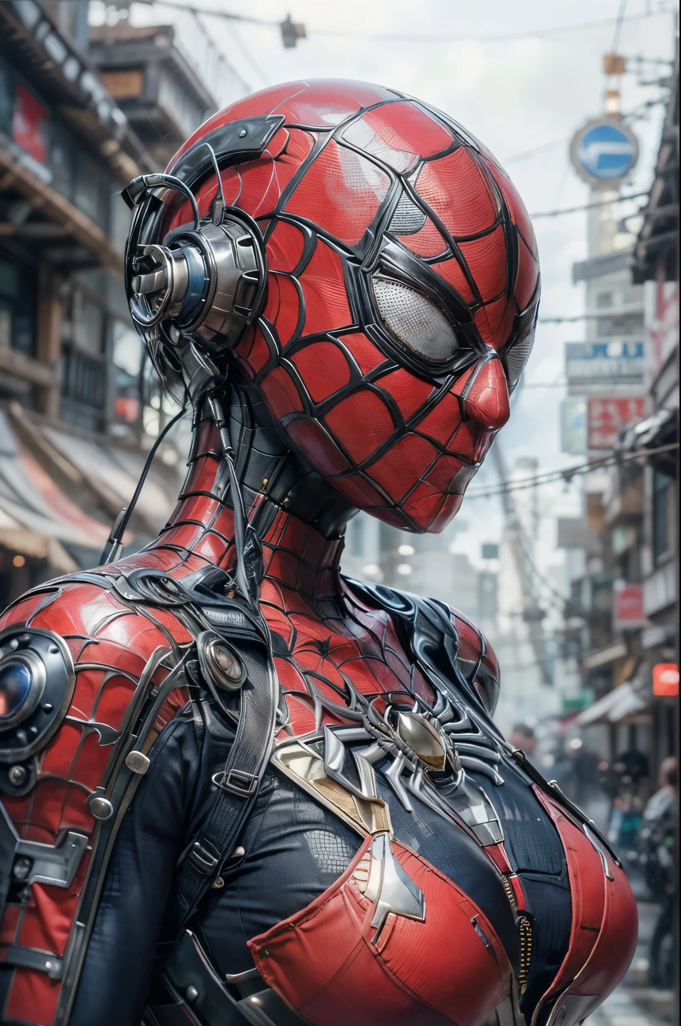 photorrealistic, (halfbody:1.3, face exposed, Look ahead), wide angle, (seen from the front), a young Japanese woman wearing intricate details ((mecha armor with crimson finish:1.3), (spider man likeness:1.3)), a beautiful hyper-realistic girl with gray-blue eyes (futuristic robotic mask:1.3), natural sagging of the breasts, high detailed official artwork, beautiful girls with slender body and busty posture, Legs long, attractive young woman, (attractive possessions:1.3, hug your chest), on the bench (hazy cyber city:1.2), fundo futuristico, rainy daytime, fanart de dubnitskiy davids, true-to-life portrayal, suave photorrealistic, perfect look of a beautiful girl, beautiful girls with round and soft faces, Facial Focus, makoto shinkai and artgerm, photon mapping, naturallight, warm color tones, bright coloured, Cool Ambient, hazy atmosphere