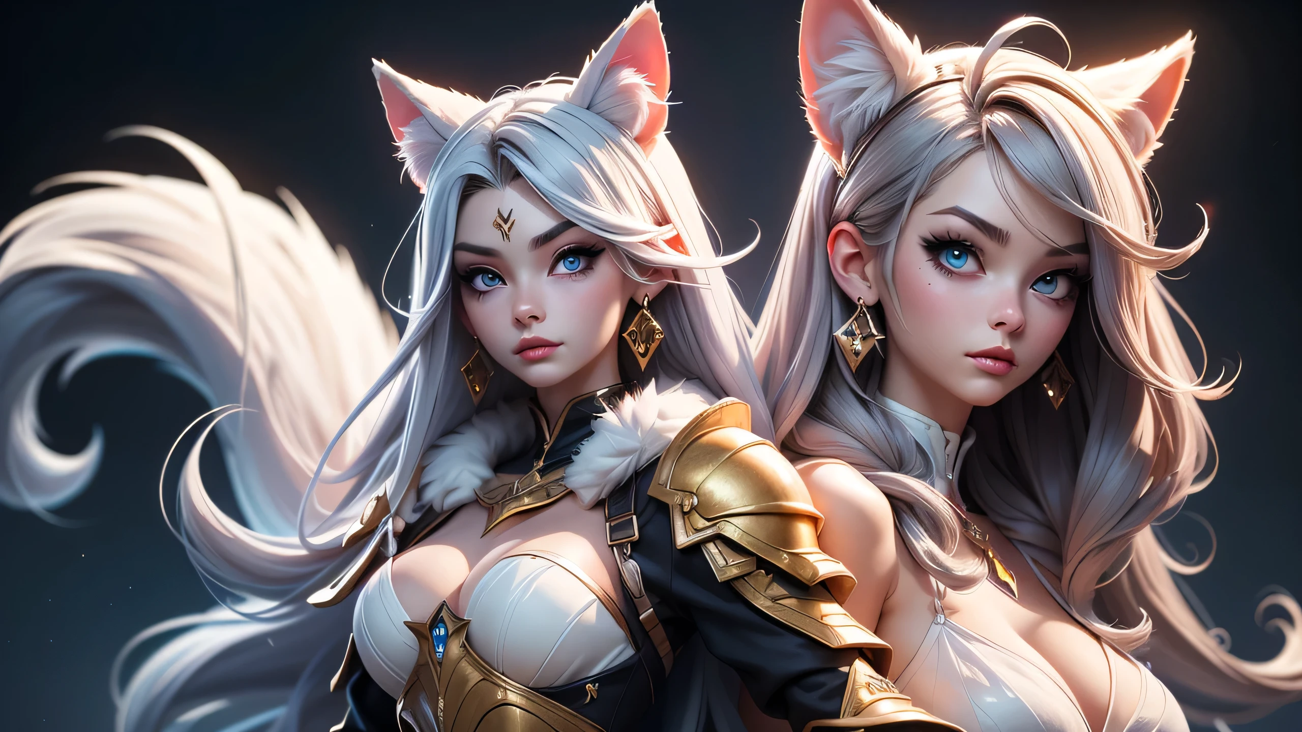 There is a snow cave near it on the stone throne sit a wolf girl, she have beatiful face ligh blue eyes red lips dark blue eye shadows main hair colour is silver with some pink highlights, dressed in sexy golden heavy armor with fur parts, saphire earrings on her wolf ears, and long sharp nails on her hands,(ultra high quality fantasy art, dark fantasy style, masterpiece, ultra highquality character design, 8k quality anime art, top quality wallpaper illustration, detailed ultra high quality acurate face, highquality design and acurate physic )