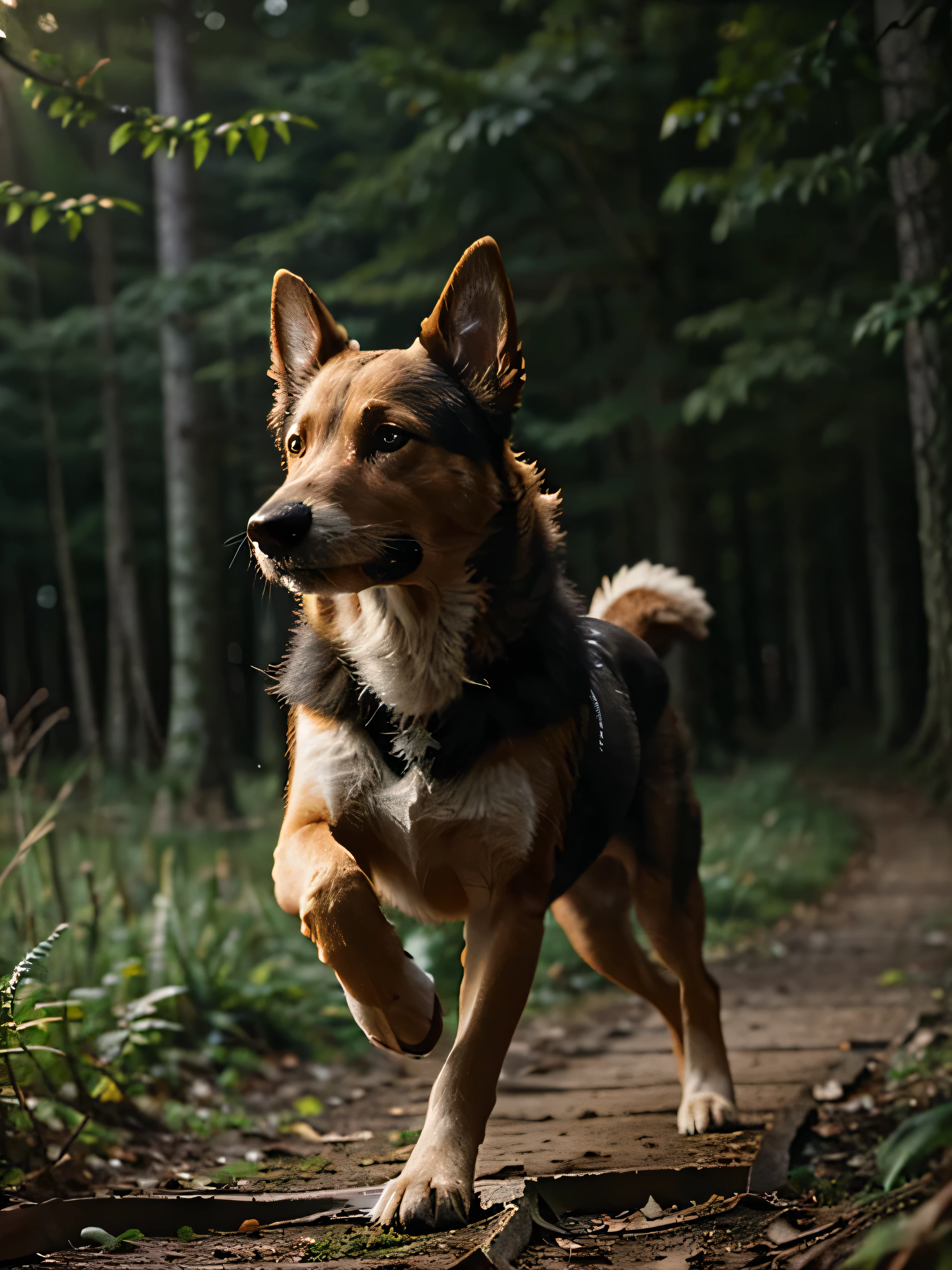 night foto, motion blur, bokeh, animal, in the forest, dog