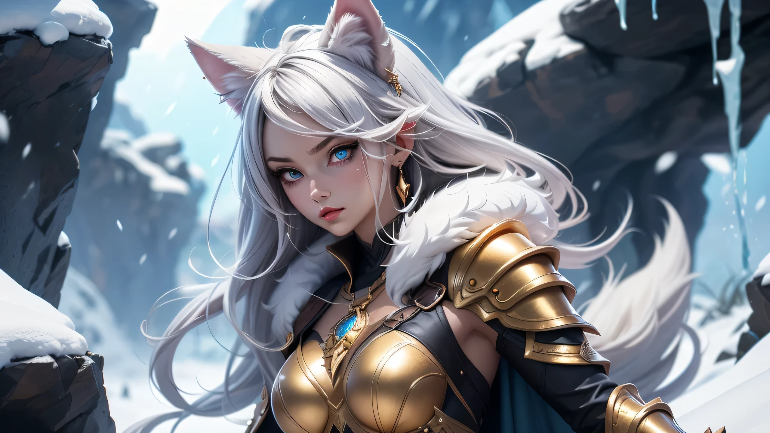 There is a snow cave near it on the stone throne sit a wolf girl, she have beatiful face ligh blue eyes red lips dark blue eye shadows main hair colour is silver with some pink highlights, dressed in sexy golden heavy armor with fur parts,  saphire earrings on her wolf ears, and long sharp nails on her hands,(ultra high quality fantasy art, dark fantasy style, masterpiece, ultra highquality character design, 8k quality anime art, top quality wallpaper illustration, detailed ultra high quality acurate face, highquality design and acurate physic )