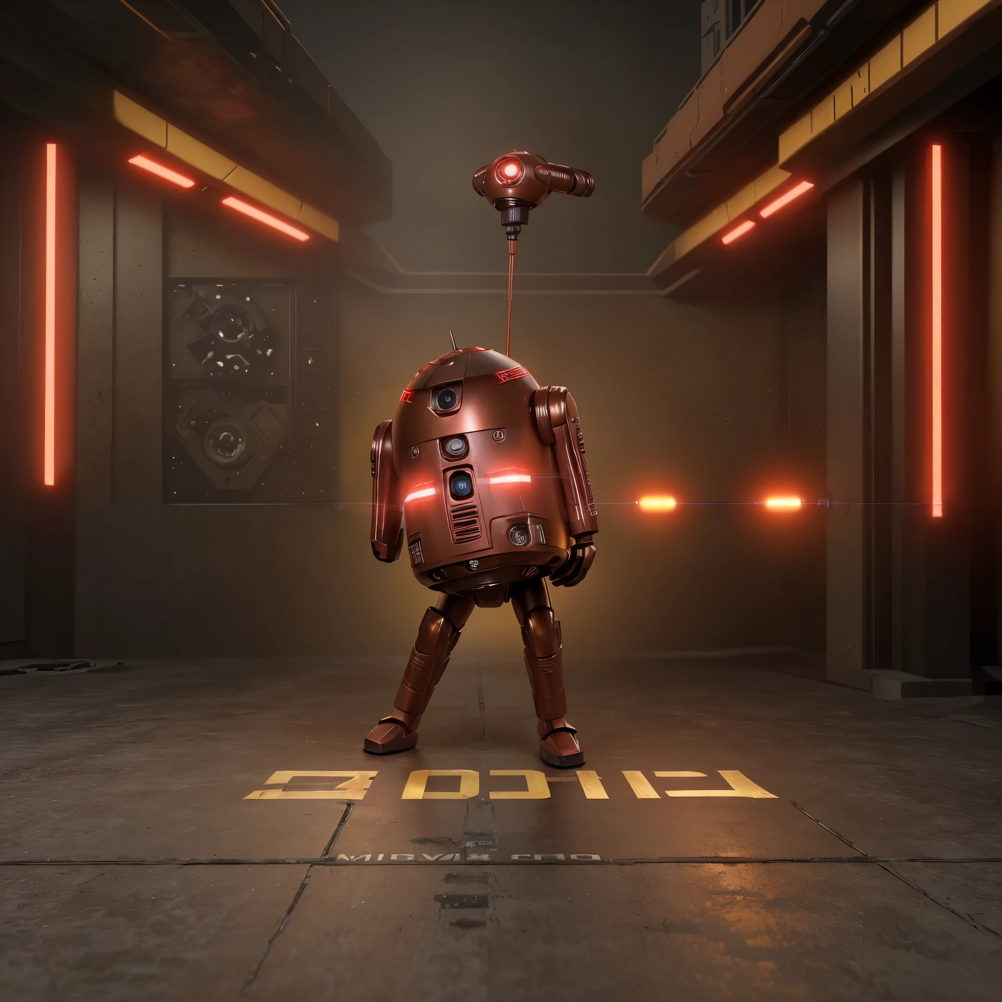 Droid 4k quality, dystopian theme, hyper realistic quality, red & golden colour droid 4k quality, small and unique droid,