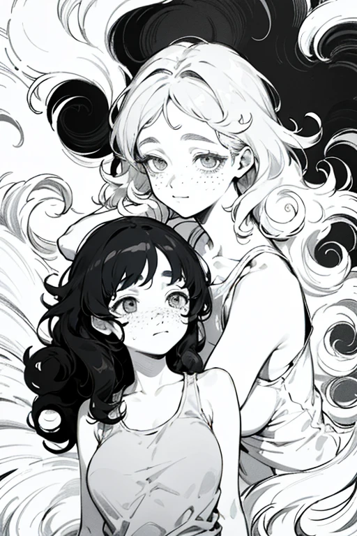 ((highest quality)), ((masterpiece)), (be familiar with), Perfect Face、Line art、Anime Style、Show the whole body、draft、Monochrome、Long Hair、Black Hair、cool、Calm、Very droopy eyes、upright、freckles、peek、Extremely curly hair、Curly hair、long hair、Expressionless、Resting her chin in her hand、smile、Big Ass、cute、freckles、Young、Long breasts、Details、Ribs visible、pubic hair、Tank top