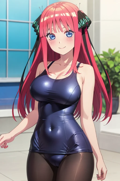 best quality, ultra-detailed masterpiece, anime art style, cute character, nino nakano, large breasts, blush, smile, one-piece swimsuit, pantyhose, breasts focus