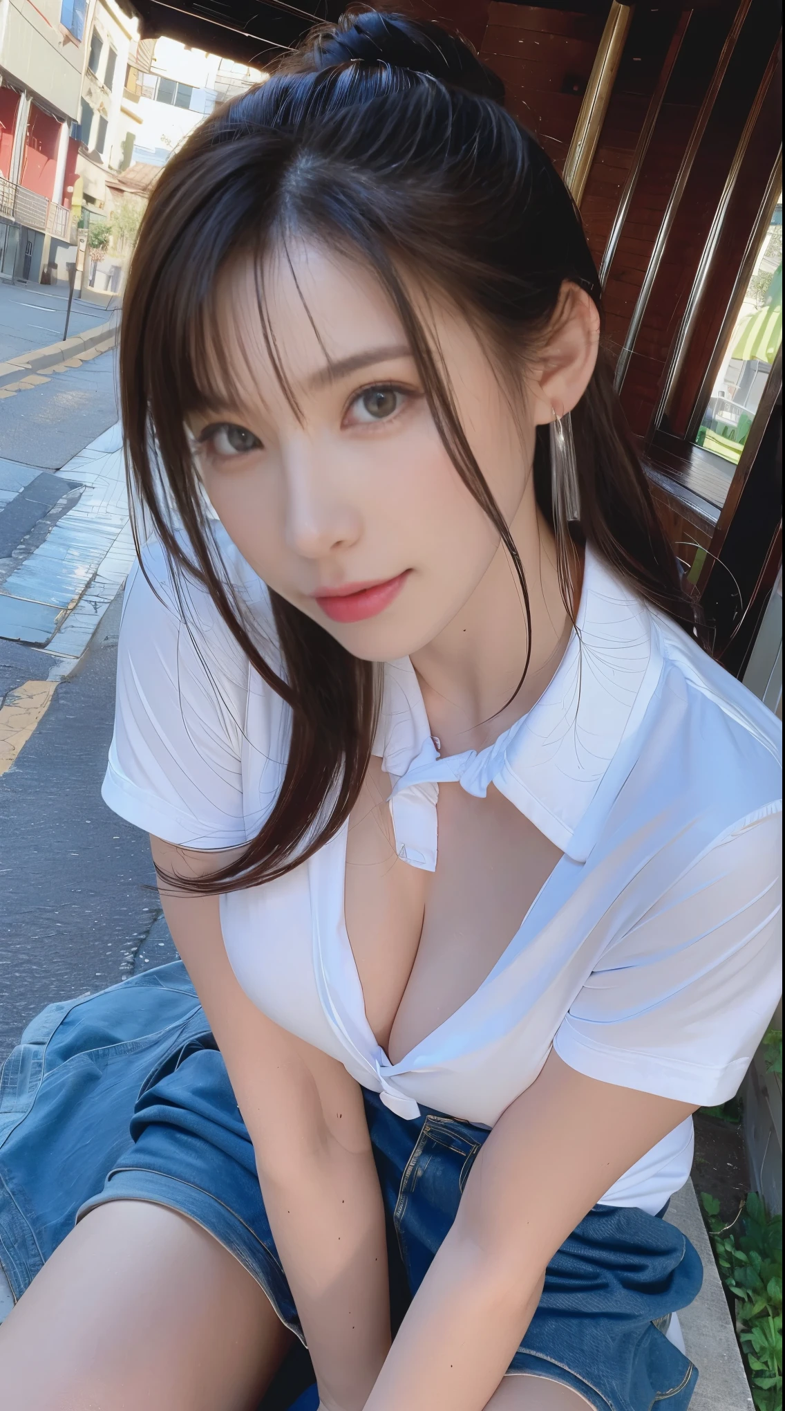 (masterpiece:1.4),(highest quality:1.4),超High resolution,((Detailed facial features)),High resolution,8k resolution,One girl,Wet day,soaked,The mouth is distorted / :3,(Shiny),street,shirt,Earrings,Short jeans,Large Breasts, Wet Skin,Shiny skin,, ,Wear socks over your knees,View your viewers,Fits perfectly to the skin,Focus Only,Mischievous face,