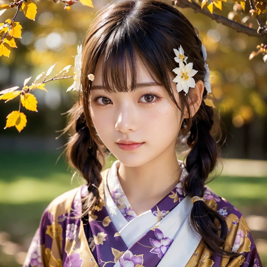 (Realistic:1.3), In detail, quality, Rembrandt Lighting, (masterpiece:1.2), (photoRealistic:1.2), (best quality), (Detailed skin:1.3), (Intricate details), dramatic, Ray Tracing, One girl, Cute Japan girl, 21 years old, Detailed skin texture, (blush:0.5), Scattered beneath the surface, Twin tails, bangs, Hair between the eyes, hair ornaments, Floral print, _ _kimono, seiza (Bright sunny day, Autumn scenery, Autumn Tree々and leaves, (It was transparent:1.2)),,(Face Focus:1.1),(Face close-up:1.1),