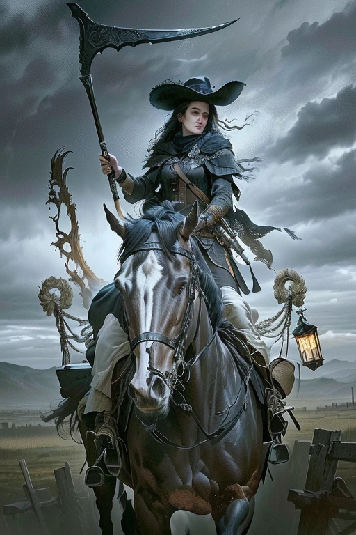 (best quality,4k,8k,highres,masterpiece:1.2),ultra-detailed,(realistic,photorealistic,photo-realistic:1.37),painting,man riding a horse with a scythe and a sickle,death's herald,distinctive art,grandma's wax,plague doctors cowboys,Michael Whelan,the third horseman,traditional style,gloomy atmosphere,vibrant colors,precise brushwork,dramatic lighting,ominous clouds,foreboding scene,historical setting,tension between life and death,detailed horse anatomy,impressive landscape backdrop,hazy fog,ominous sky,expressive brush strokes,tangible textures,period costumes,detailed hair and facial features,feathered hat,focused composition,eye-catching perspective,dynamic movement,sense of urgency,strong contrast between light and shadow