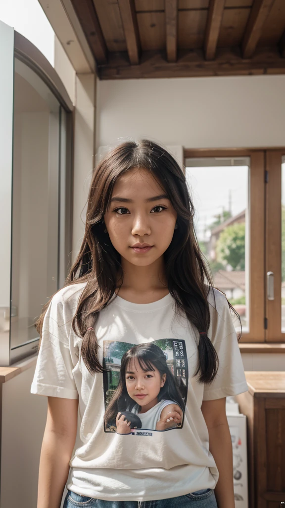 dslr, raw, av mode, iso 400, shutter speed: determined by the camera, single shot autofocus, white balance: auto, metering: spot, natural lighting, deep of field, instagram post, beautiful asian girl, hairstyle: generate various style long wavy, wearing over size t-shirt with caricature of Pinocchio picture in the t-shirts 