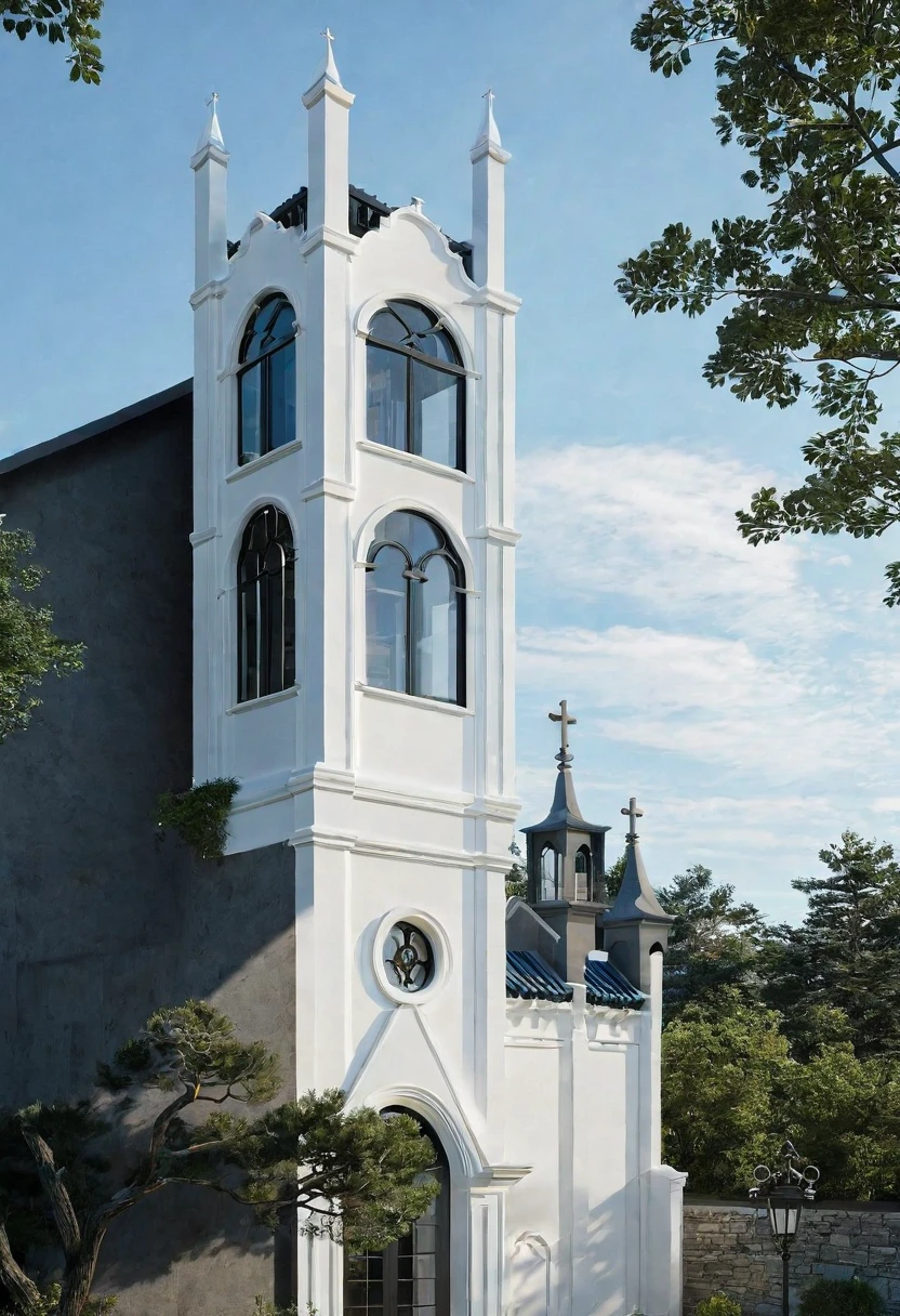 ((( exterior church :1.3 ))), contemporary style, white wall, STONE wall, GREY STEEL AND GLASS door window, (realistic:1.1), Masterpiece, high quality, best quality, authentic, super detail, outdoors,road,pavement, grass, trees, sky, cloud, (daylight:1.3), BLUE ROOF