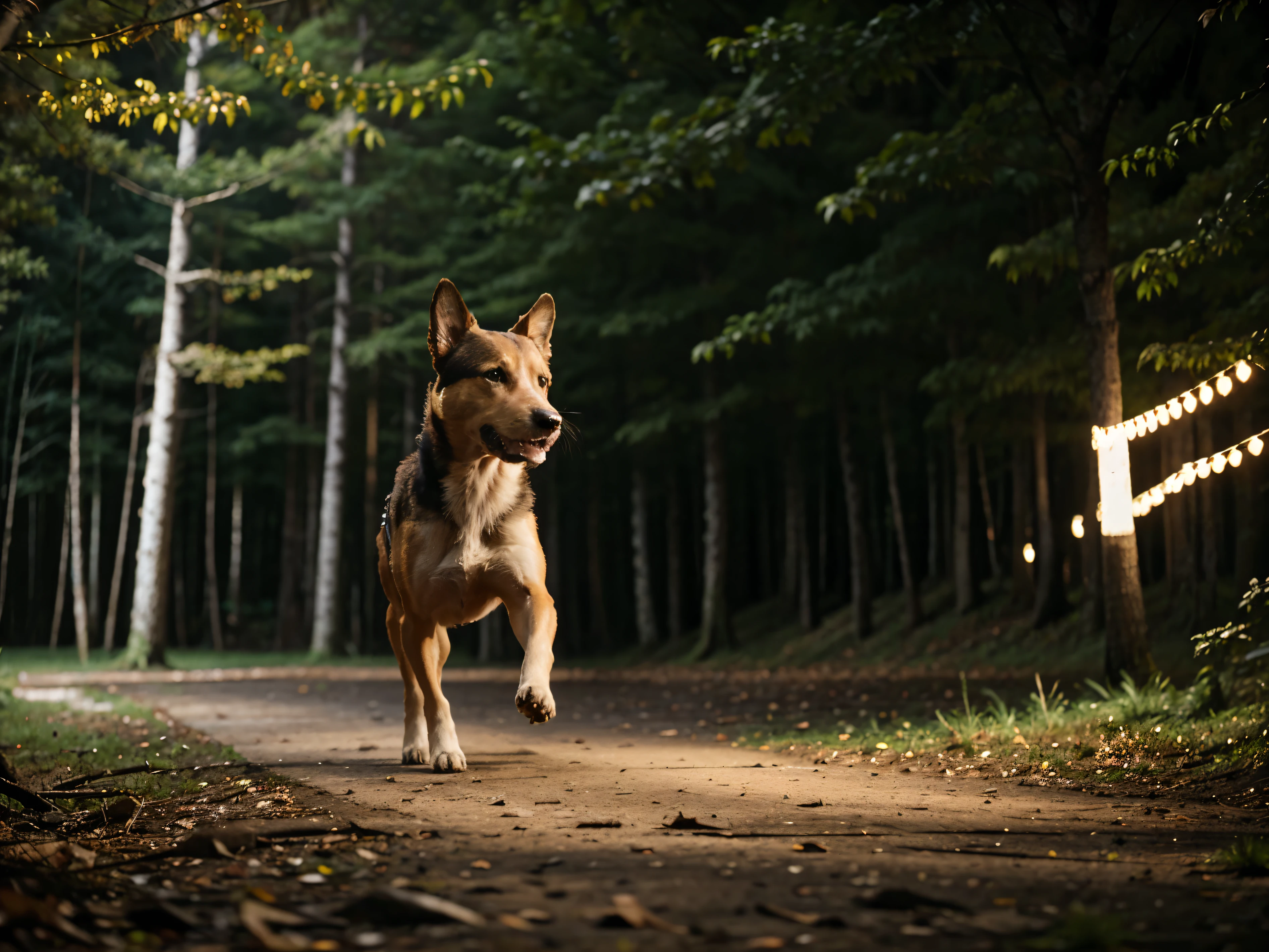 night foto, motion blur, bokeh, animal, in the forest, dog
