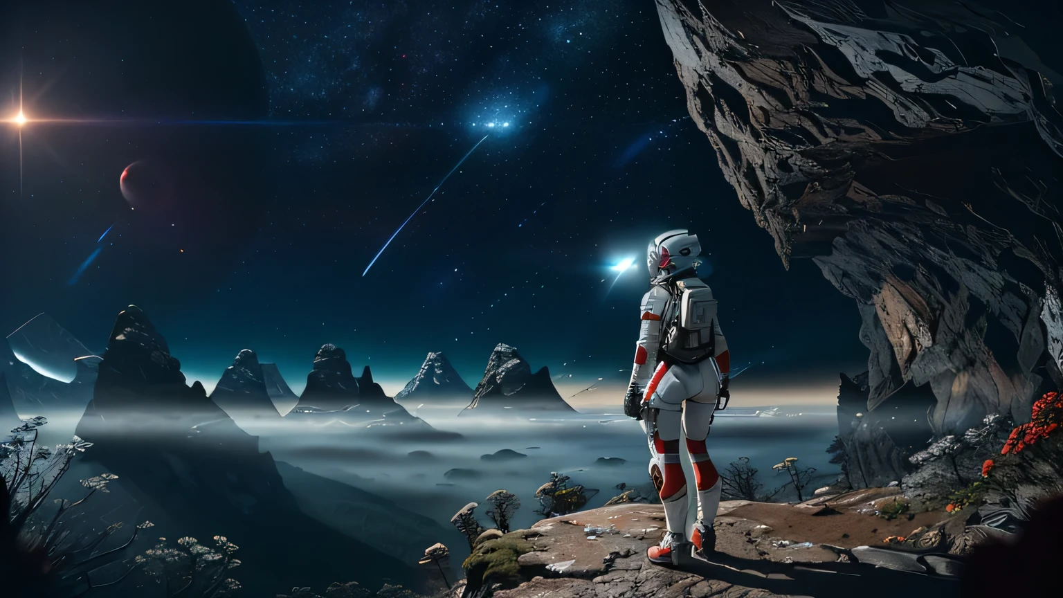 (35mmstyle:1.2), Highly detailed RAW color Photo, Rear Angle, Full Body, of (female space marine, wearing white and red space suit, futuristic helmet, tined face shield, rebreather, accentuated booty), outdoors, (standing on Precipice of tall rocky mountain, looking out at magical lush green rain forest on alien planet), vivid detail, (exotic alien planet), toned body, big butt, (sci-fi), (mountains:1.1), (lush green vegetation), (two moons in sky:0.8), (highly detailed, hyperdetailed, intricate), (lens flare:0.7), (bloom:0.7), particle effects, raytracing, cinematic lighting, shallow depth of field, photographed on a Sony a9 II, 35mm wide angle lens, sharp focus, cinematic film still from Gravity 2013, viewed from behind, dynamic angle