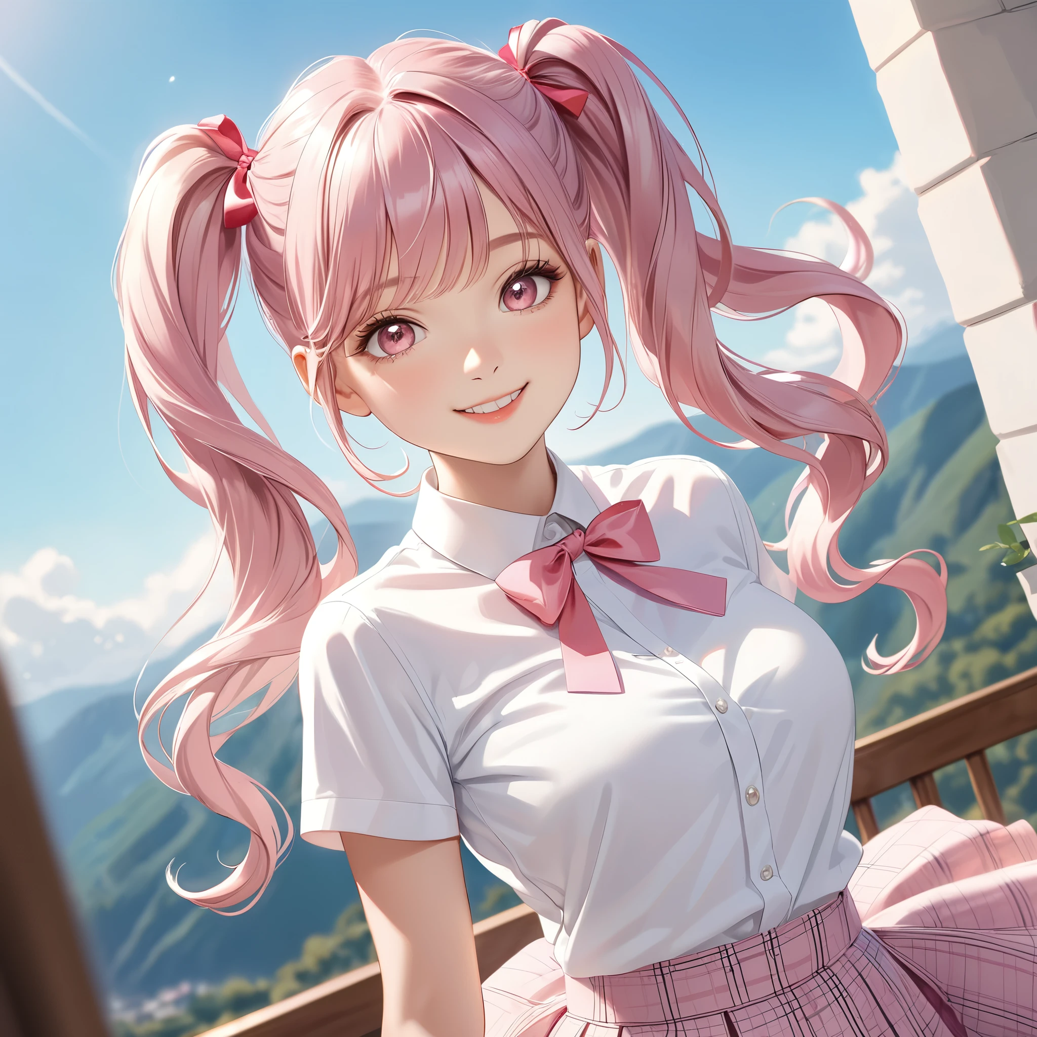 (8K, masutepiece, Highest Quality, Best Quality, Official art, Breathtaking beauty and aesthetics, A highly detailed, The best masterpiece in history that exceeds limits, Breathtaking and beautiful lighting:1.2), (1 Absolute Beautiful Girl, Solo), (sixteen years old), (beautiful detailed face), (shiny white skin), (beautiful detailed pink twin tails hair, Bangs:1.3), (beautiful detailed adolable drooing pink eyes:1.3), (high school uniform), (white shirt, pastel pink Tartan Plaid pleated skirt, patsel pink ribbon:1.3), (Beautiful big bust:1.3), (happy smile, Beautiful smile, Gentle smile, cute smile, innocent smile:1.2), (Attractive, amazing, Beautiful, Elegant, Luxurious, magnifica, Happy, Eye-catching, the ultimate beauty, Supreme Beauty, Superlative beauty, Elegant, Graceful, Everyone loves it, Beauty that fascinates everyone, Healed, The highest level of complete beauty, cute like an idol, Stylish like a fashion model, Goddess-like grace, Be loved, cute little, adolable), Look at the camera, cute pose, breathtaking scenery, (ultra detailed realistic Beautiful high school study, blue sky, morning:1.3),