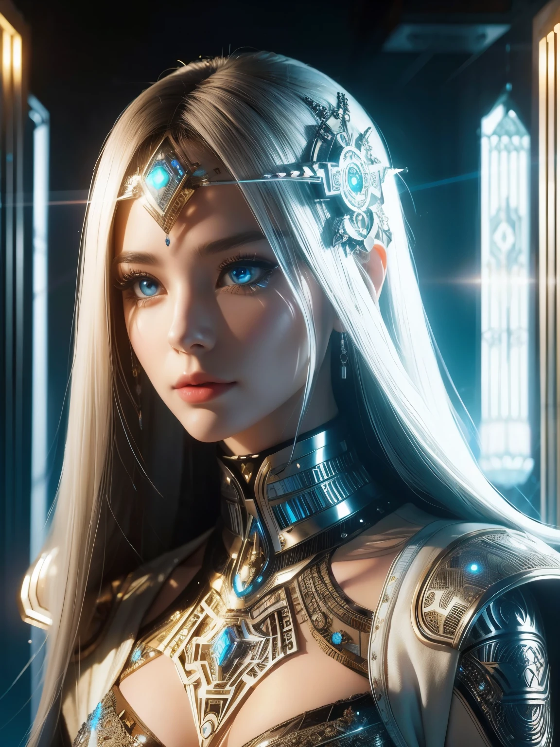 (high quality), (masterpiece), (detailed), 8K, Hyper-realistic digital illustration depicts (Japanese woman1.3) with (luminous silver hair1.2) and (piercing silver eyes1.2), wearing (futuristic fantasy attire1.2) that combines (modern metallic accents1.2) with (intricate Moroccan geometric patterns1.2) and (Tunisian Arabic script1.2). Her (upper body1.2) is accentuated by (shimmering chrome jewelry1.2) and (intricate, glowing silver circuits1.2) that evoke a sense of technological opulence. In style of Syd Mead, trending on Artstation.