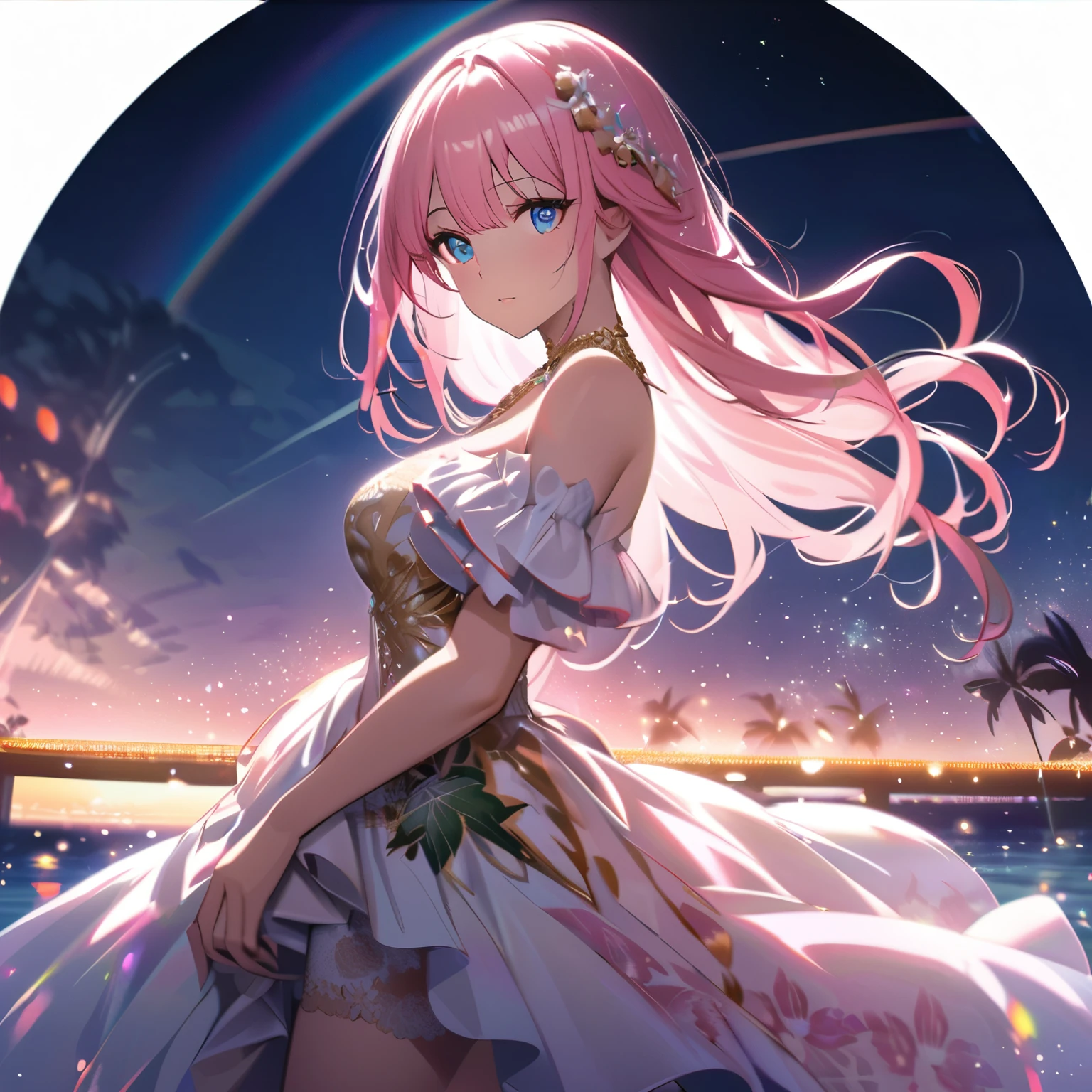 ``A beautiful woman with long pink hair and beautiful eyes wearing an elegant and detailed hawaiian dress.The dress must have intricate designs and patterns to give it a luxurious and luxurious feel.In the background , the image should depict a romantic Hawaiian beach at night with light reflecting off the water and an illuminated bridge across the scene, emphasizing the sparkling effects and rainbows throughout the image. Enhance your look and add special ruffles to your dress to make it stand out.”