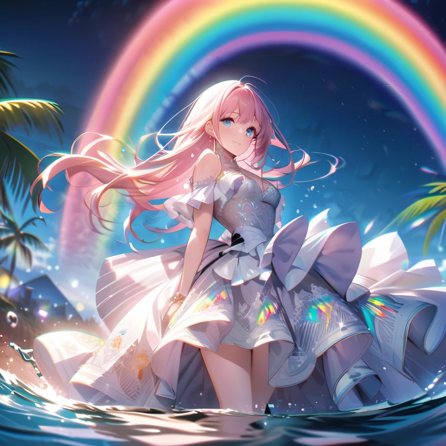 ``A beautiful woman with long pink hair and beautiful eyes wearing an elegant and detailed hawaiian dress.The dress must have intricate designs and patterns to give it a luxurious and luxurious feel.In the background , the image should depict a romantic Hawaiian beach at night with light reflecting off the water and an illuminated bridge across the scene, emphasizing the sparkling effects and rainbows throughout the image. Enhance your look and add special ruffles to your dress to make it stand out.”