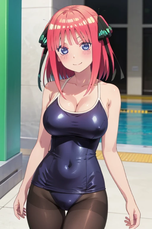 best quality, ultra-detailed masterpiece, anime art style, cute character, nino nakano, large breasts, blush, smile, one-piece swimsuit, pantyhose, breasts focus
