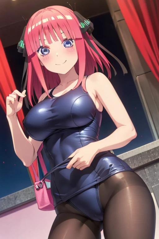 best quality, ultra-detailed masterpiece, anime art style, cute character, nino nakano, large breasts, blush, smile, one-piece swimsuit, pantyhose, breasts focus