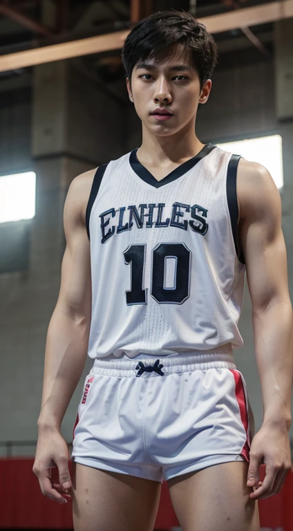 Realistic masterpiece, young Chinese man, Chinese male actor, Deng Lun is 18 years old., handsome, Good shape, big muscles, black hair,, Bright black eyes, Narrow eyes, Prominent nose, Thin mouth, Height 180 cm, Good shape, Wear a sexy translucent basketball uniform, Standing at the basketball stadium large bulge in the middle Sharp and detailed face. Pictures taken with the Canon 50k camera are clear.. Pinkish-white skin. handsome face.Clear Face. Deng Lun , (nsfw , sexy muscular body , pornography, eroticism ) , gay focus