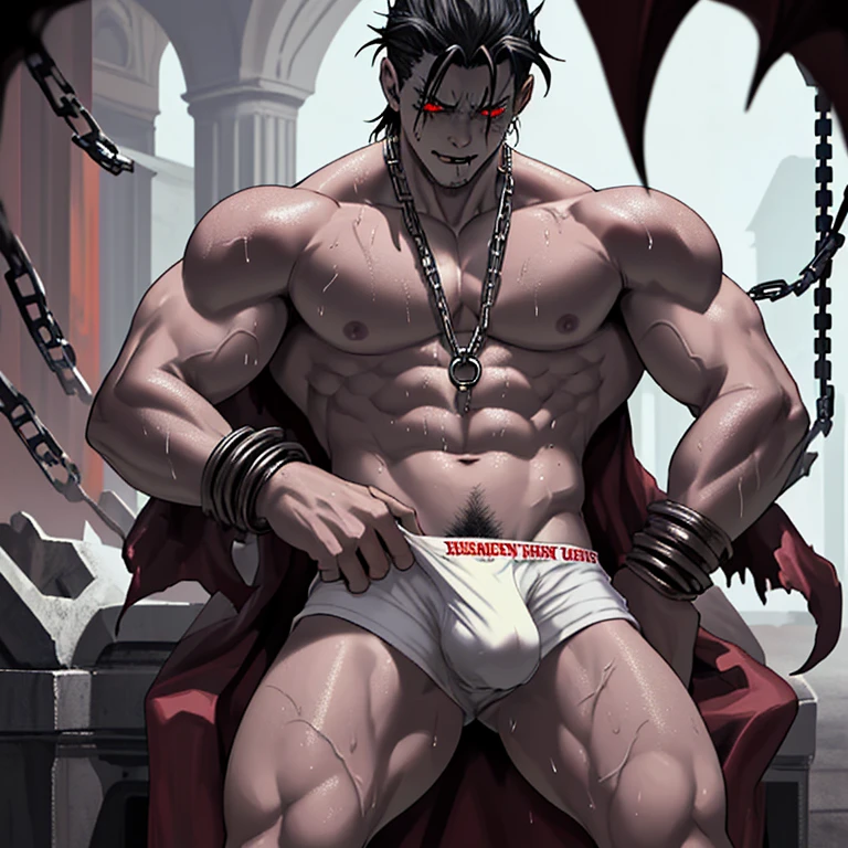 The Sealed Demon King Boy. Nearly naked, Just wearing sexy underwear. Different world. Fantasy. Chained. A hellish place, sweaty body, weights on crotch