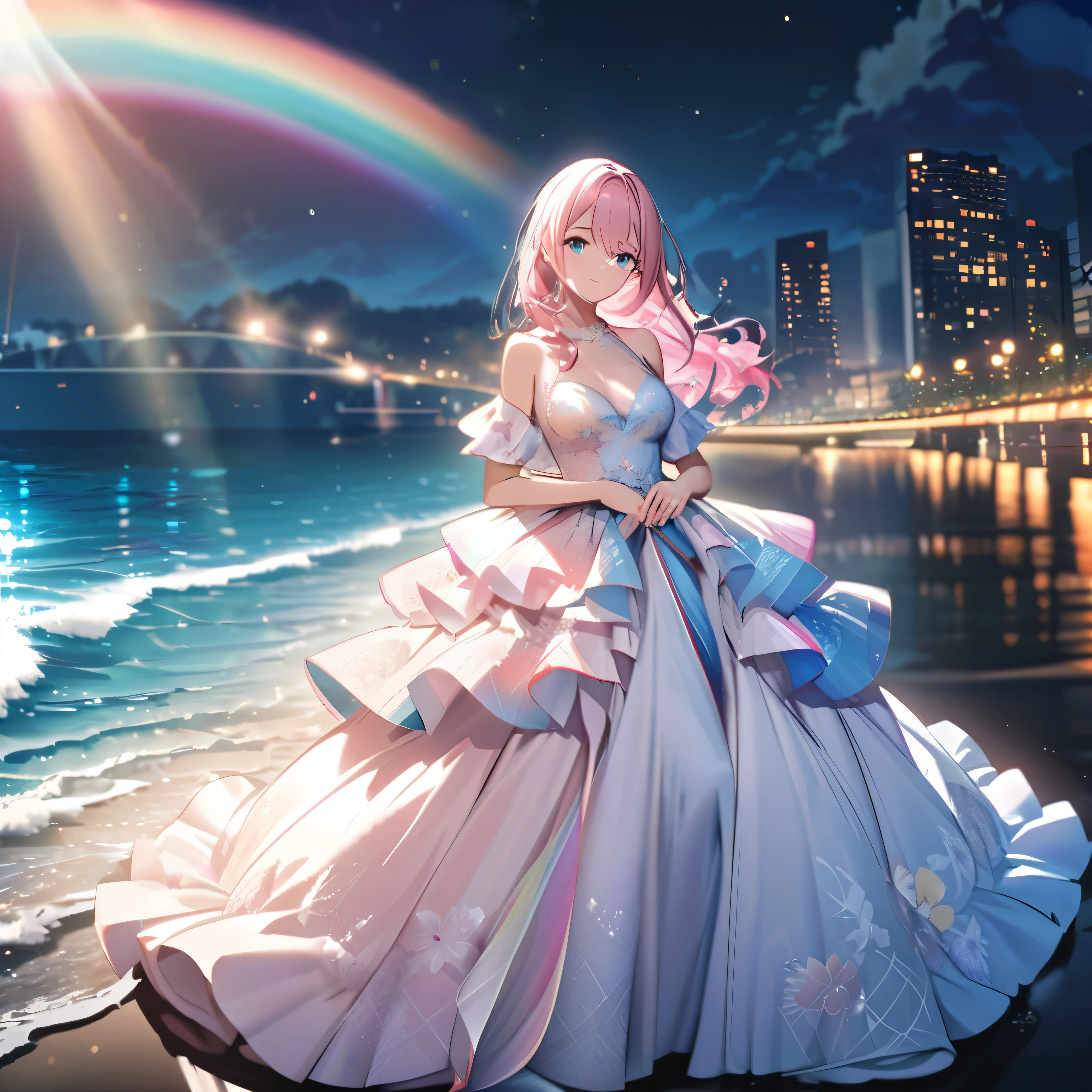 ``A beautiful woman with long pink hair and beautiful eyes wearing an elegant and detailed hawaiian dress.The dress must have intricate designs and patterns to give it a luxurious and luxurious feel.In the background , the image should depict a romantic Hawaiian beach at night with light reflecting off the water and an illuminated bridge across the scene, emphasizing the sparkling effects and rainbows throughout the image. Enhance your look and add special ruffles to your dress to make it stand out.”