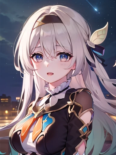 (masterpiece:1.3),((High resolution)),((high quality)),((Super detailed))、One girl、Perfect balance、((Upper Body))、Perfect Face、Detailed face、Cute face、beautiful詳細な目、Expressive eyes、Cute eyes、Shiny eyes、Perfect body、beautiful体、honkaiFirefly, fire Fly, (Purple eyes:1.3), Grey Hair, 蝶のhair ornaments, hair ornaments, Hair intake, Long Hair, (Bright Eyes:1.5), shoes下, 青色のdress, 青色のshoes下,((Large Breasts)) ((Orange ribbon:1.5))、dress, shoes, shoes下, ツートーンdress, ツートーンshoes下, ホワイトdress, Long sleeve, hair band, (head shot)、Embarrassing、blush、beautiful女の子、Cute face、beautiful顔、Cute face、beautiful、Best Quality、Good anatomy、((smile:1.5))、((Super detailedな背景)), Outdoor, Day, blue sky, Meteor shower sky、Sky Light,Mistress Pose, ((8K Wallpaper)) , Watching the audience, Moody lighting, In-person audience