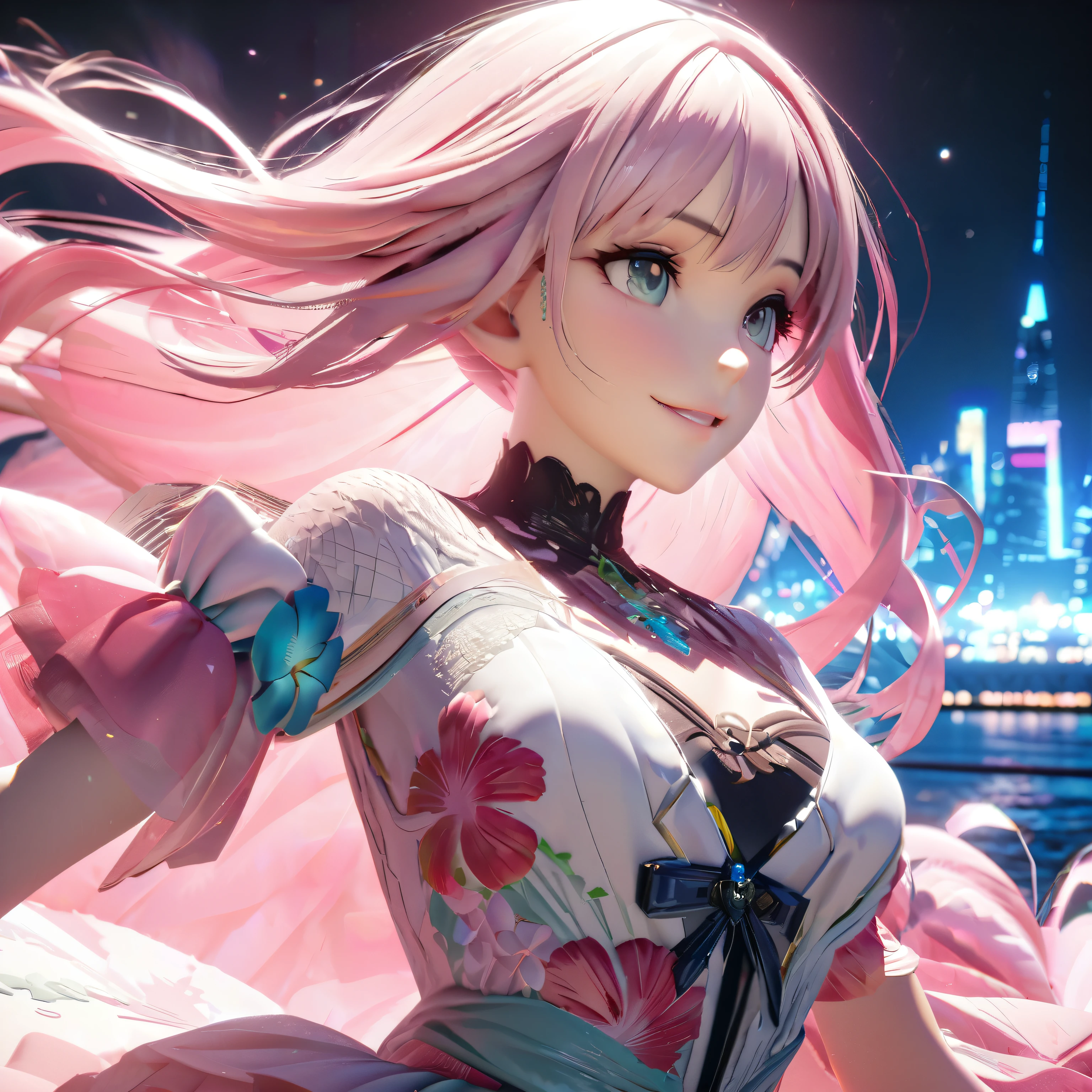 Masterpiece, Best Quality, High Definition, High Resolution, Expensive Resolution, High Definition, 4K, 8k, Unity 8k Wallpaper, High Definition CG, Masterpiece, Real, 2D, 3D, Beautiful Details, Depth, Fine Texture, Super Quality: 1.3 , create an anime-style illustration of a character wearing an elaborate Hawaiian dress decorated with flowers and jewels, with perfect concentration and a bright night beach background. Draw a close-up of the upper body. {{The dress should have multiple layers and a special treatment of ruffles, with gemstones of different colors embedded throughout. }} , The character's pink hair should be long and flowing to complement the intricate design of the dress. The cityscape at night should also be vivid. The streets are lit up in different colors and buzz with lights indicating an active nightlife. Includes light reflections from buildings in the bodies of water in between.With a smile