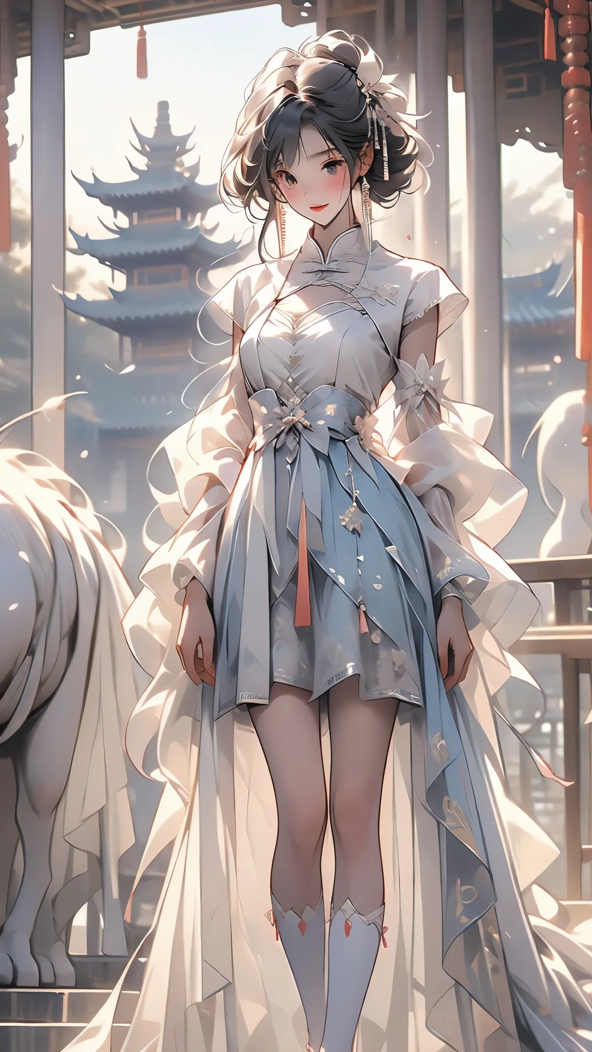 Super detailed, beauty, Madoka Higuchi, (smile), dynamic, ((slender, slender, shy, embarrassed)), tight white stockings, ((skin dents)), cyb dress, chinese clothes, detached collar, clothing cutout, wide sleeves, see-through sleeves, tassel，ruined temple, deep scene, erotic pose, (legs put at the back), solo,