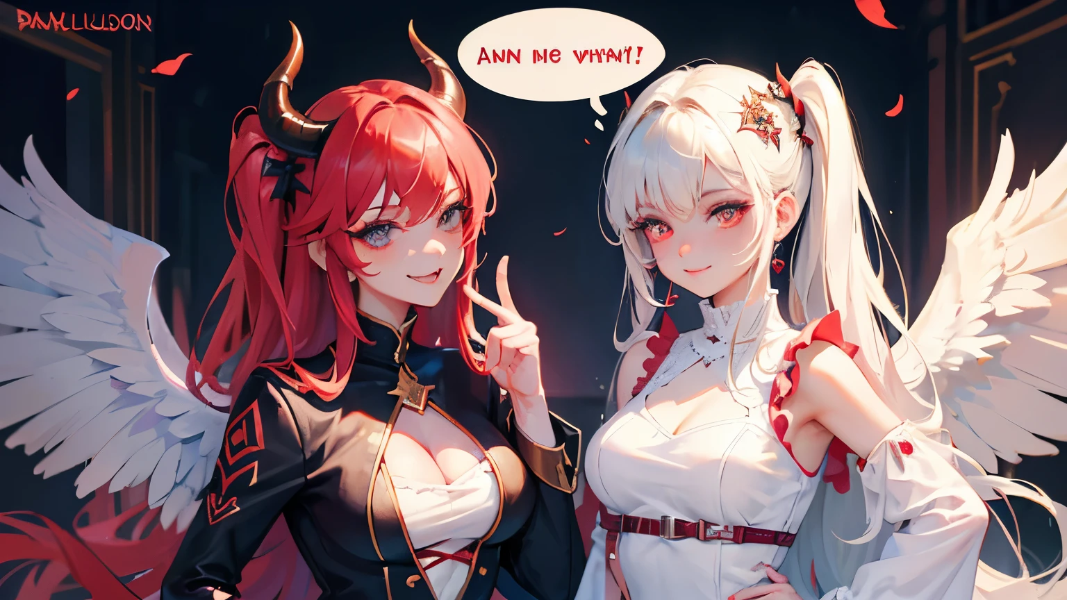 best quality, super fine, 16k, incredibly absurdres, extremely detailed, beautiful and cute women, devil cosplay with a crazy and evil smile, casual clothes with a serious face, angel cosplay with a bright smile, brain delusion, speech bubble