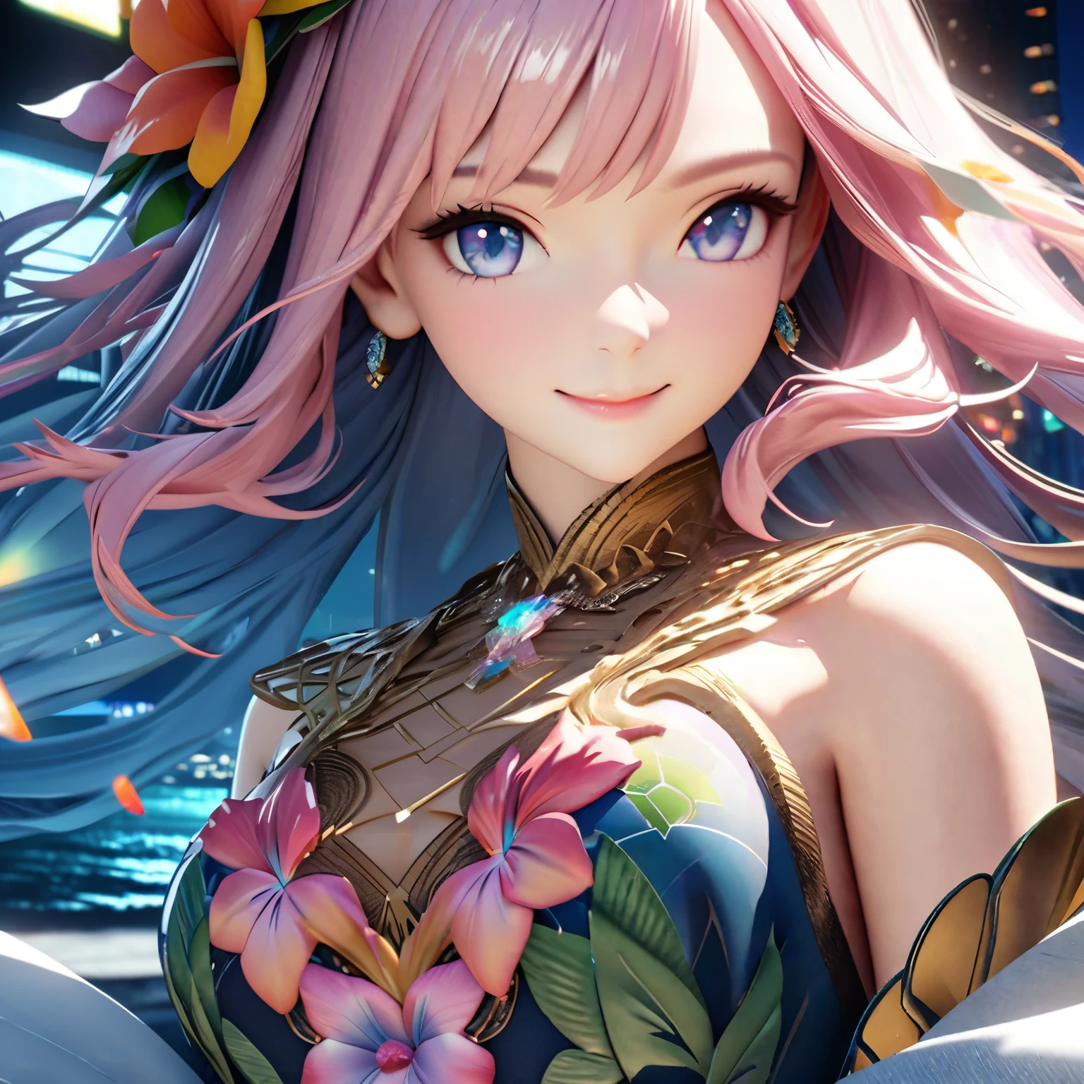 Masterpiece, Best Quality, High Definition, High Resolution, Expensive Resolution, High Definition, 4K, 8k, Unity 8k Wallpaper, High Definition CG, Masterpiece, Real, 2D, 3D, Beautiful Details, Depth, Fine Texture, Super Quality: 1.3 , create an anime-style illustration of a character wearing an elaborate Hawaiian dress decorated with flowers and jewels, with perfect concentration and a bright night beach background. Draw a close-up of the upper body. {{The dress should have multiple layers and a special treatment of ruffles, with gemstones of different colors embedded throughout. }} , The character's pink hair should be long and flowing to complement the intricate design of the dress. The cityscape at night should also be vivid. The streets are lit up in different colors and buzz with lights indicating an active nightlife. Includes light reflections from buildings in the bodies of water in between.With a smile