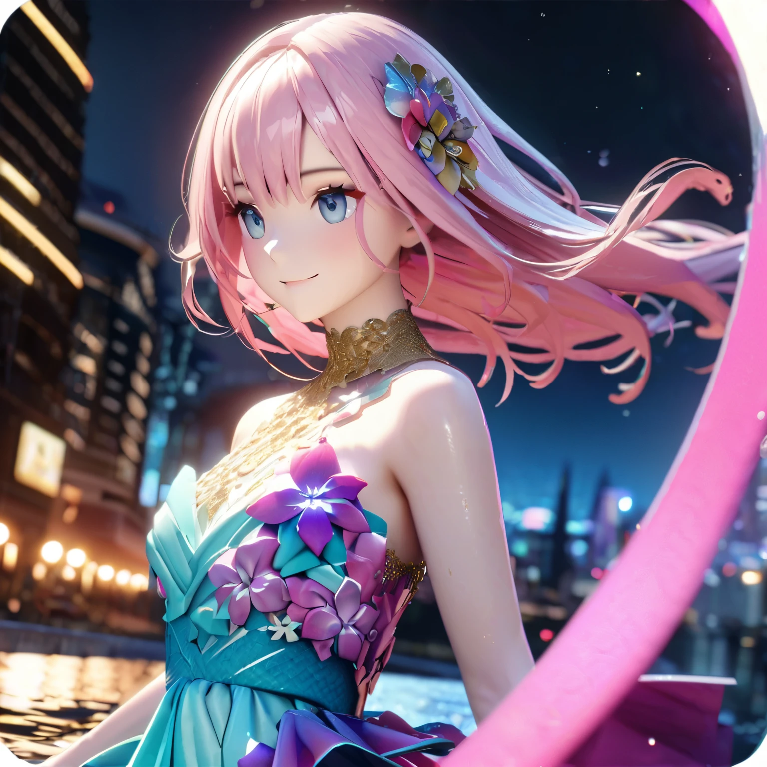 Masterpiece, Best Quality, High Definition, High Resolution, Expensive Resolution, High Definition, 4K, 8k, Unity 8k Wallpaper, High Definition CG, Masterpiece, Real, 2D, 3D, Beautiful Details, Depth, Fine Texture, Super Quality: 1.3 , create an anime-style illustration of a character wearing an elaborate Hawaiian dress decorated with flowers and jewels, with perfect concentration and a bright night beach background. Draw a close-up of the upper body. {{The dress should have multiple layers and a special treatment of ruffles, with gemstones of different colors embedded throughout. }} , The character's pink hair should be long and flowing to complement the intricate design of the dress. The cityscape at night should also be vivid. The streets are lit up in different colors and buzz with lights indicating an active nightlife. Includes light reflections from buildings in the bodies of water in between.With a smile