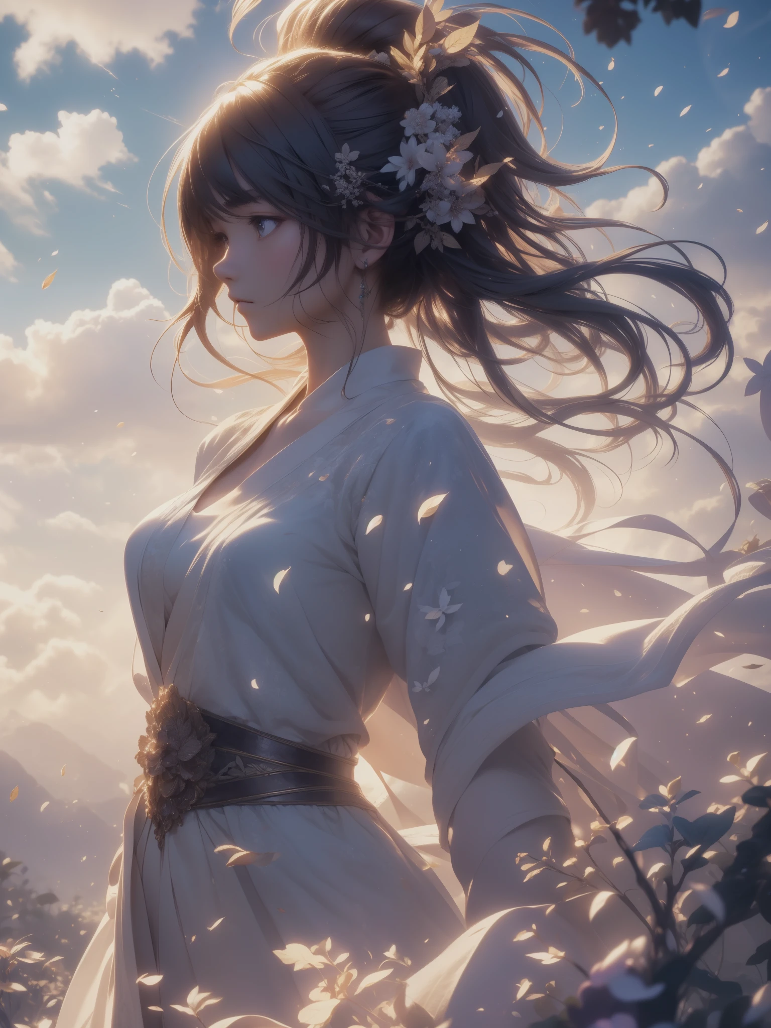 Masterpiece, highest quality, (highly detailed CG Unity 8k wallpaper) (highest quality), (best illustration), (best shadow) nature', sky, clouds, delicate leaf petals falling in the light of the air Tracking, ultra detailed --v6